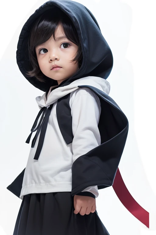 A young boy facing forward when viewed from below、Wearing a cloak、The collar of the cloak is fluffy、There is a large ribbon on the right side of the cape.、Wearing short pants、