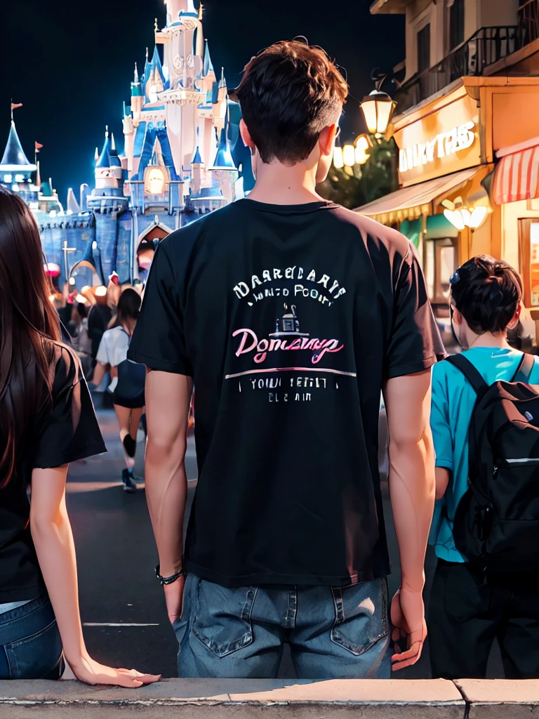 8K quality、Highest quality、Realistic, Image of a male and female couple、Disneyland in the background、Angle from behind、The neon lights are beautiful、Arms crossed、Stylish clothes、The man has fluorescent writing on the back of his clothes.、Letter N printed on men&#39;s clothing bag、For women, The back of the garment is fluorescentＡContains characters、British punk rock style、Make the text on the back stand out、(((((Male and female couple)))))