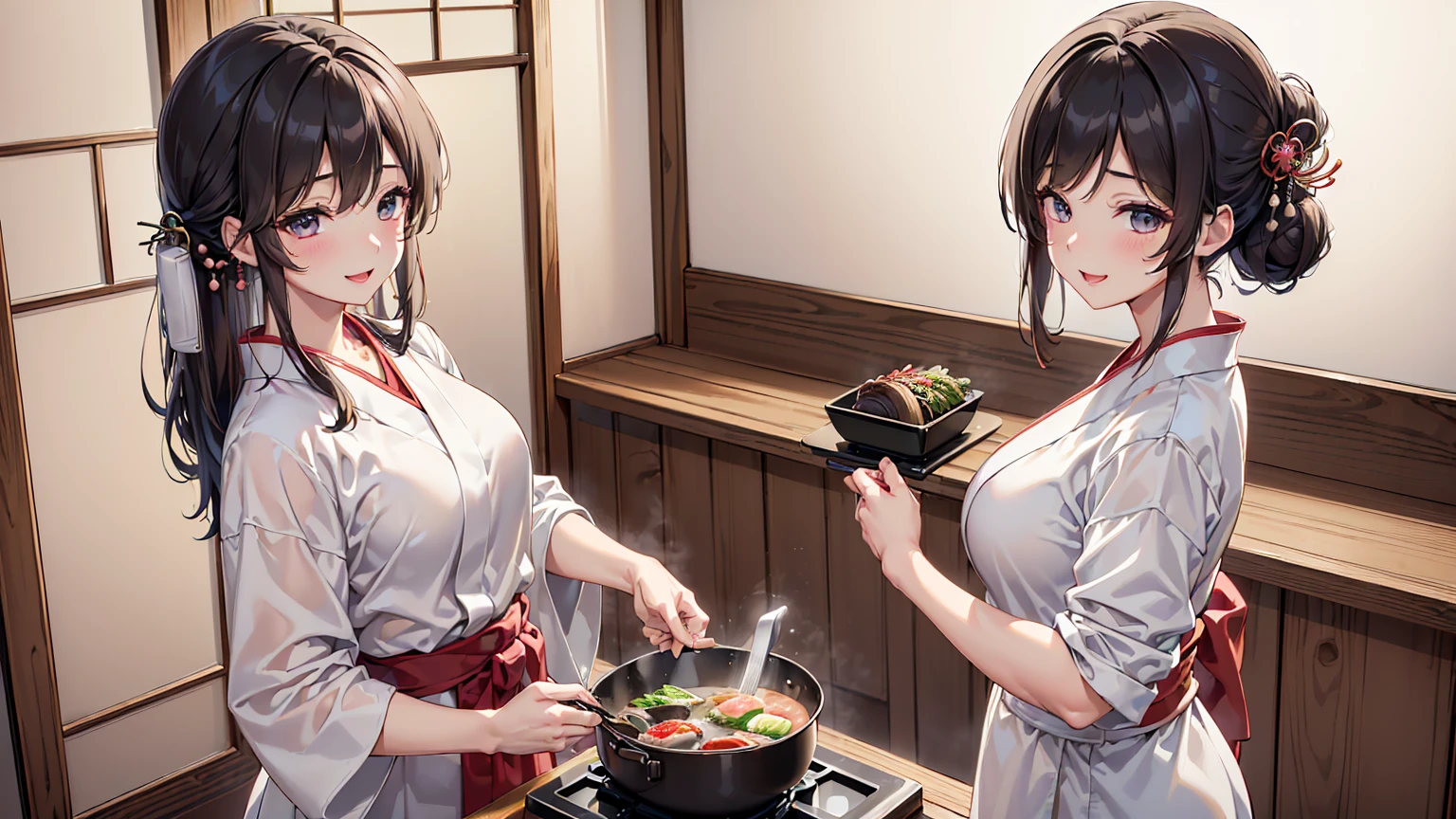 (Highest quality, 8K, 32k, masterpiece, 超High resolution:1.2), (Realistic:1.5), (masterpiece, Very detailed CG ユニティ 8K 壁紙, Highest quality, High resolution:1.2), (Super detailed, 超High resolution:1.2), (Cowboy Shot:1.3), (Anime-style illustrations:1.3), (seductive anime wife:1.3), (Super detailed:1.3), (Super sharp:1.3), (Very detailed:1.3), (Cooking scene in the kitchen:1.3), (From the side:1.2),
break,
(One girl:1.3, alone), (Japanese Restaurant-Chef:1.3), Single Braid Hairstyle, Mahogany Hair, Attractive appearance, (korean actress face:1.3), (Japanese idol faces:1.3), Pretty face, cute,
break,
(white Japanese Chef's clothes:1.3), (Chef's clothes:1.3), (Kimono costume:1.3),
break
(Japanese Restaurant:1.3), (DetaileD Japanese Restaurant:1.3), (Cooking in the kitchen:1.3), (Cut food:1.3), (at Japanese Restaurant:1.3), (On the kitchen counter:1.3), indoor, Cinematic Light, Sunset Light, cute, Happy, Captivating smile, :D, ;p, Attractive emotions,
break, The optimal ratio is four fingers to one thumb, Perfect Anatomy, Perfect Proportions,