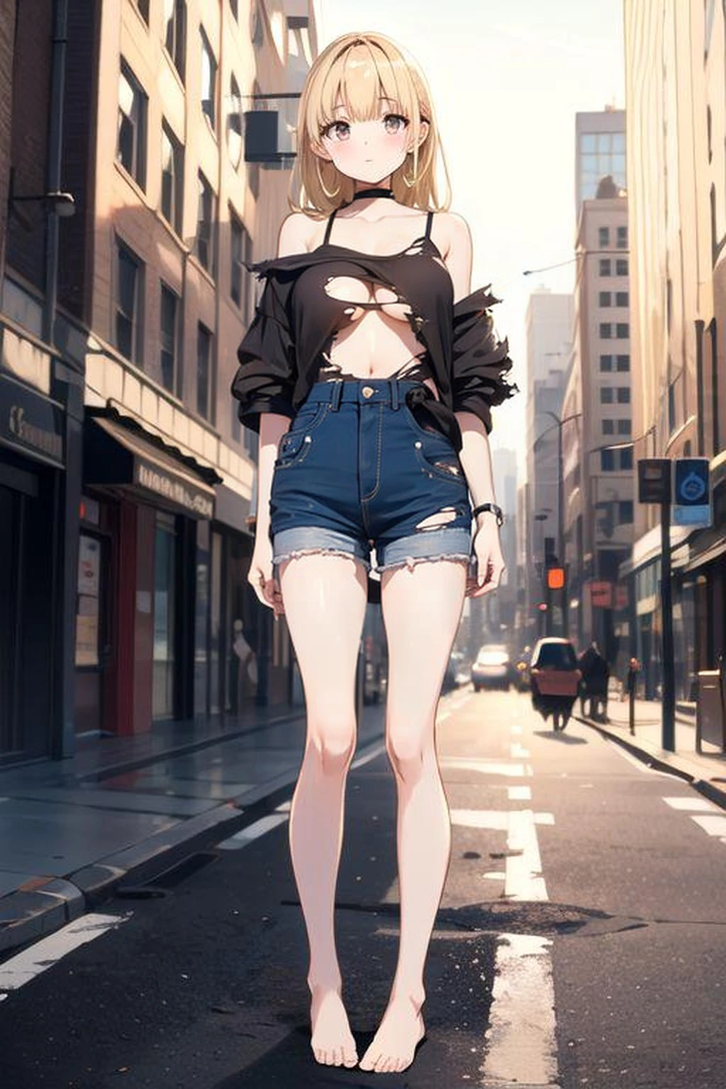 ボロボロのcamisole，Torn clothes(camisole)，(Underboob)，Damage shorts，Tattered shorts，Open button