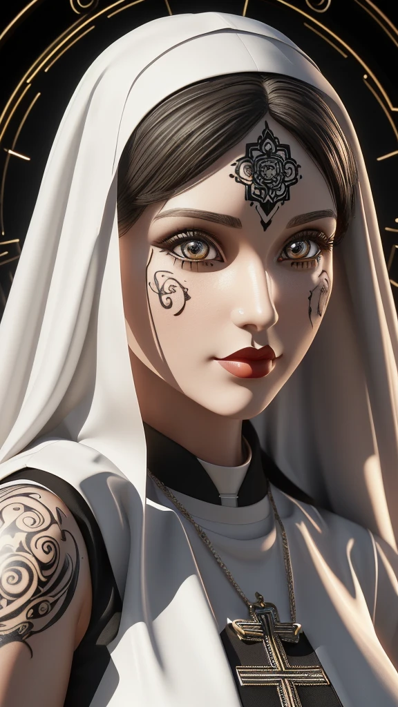 3d beautiful girl icon of (Woman, solo, house, cute, ((stunning background)), intricate, high detail, 8k, loose hair, (fascinset art style:1.3)), anime hyperrealistic 3d, cel shaded, painterly style, digital art, masterpiece, night scene, orange glowing tattoos on face, evil nun, causual new generation stylish nun