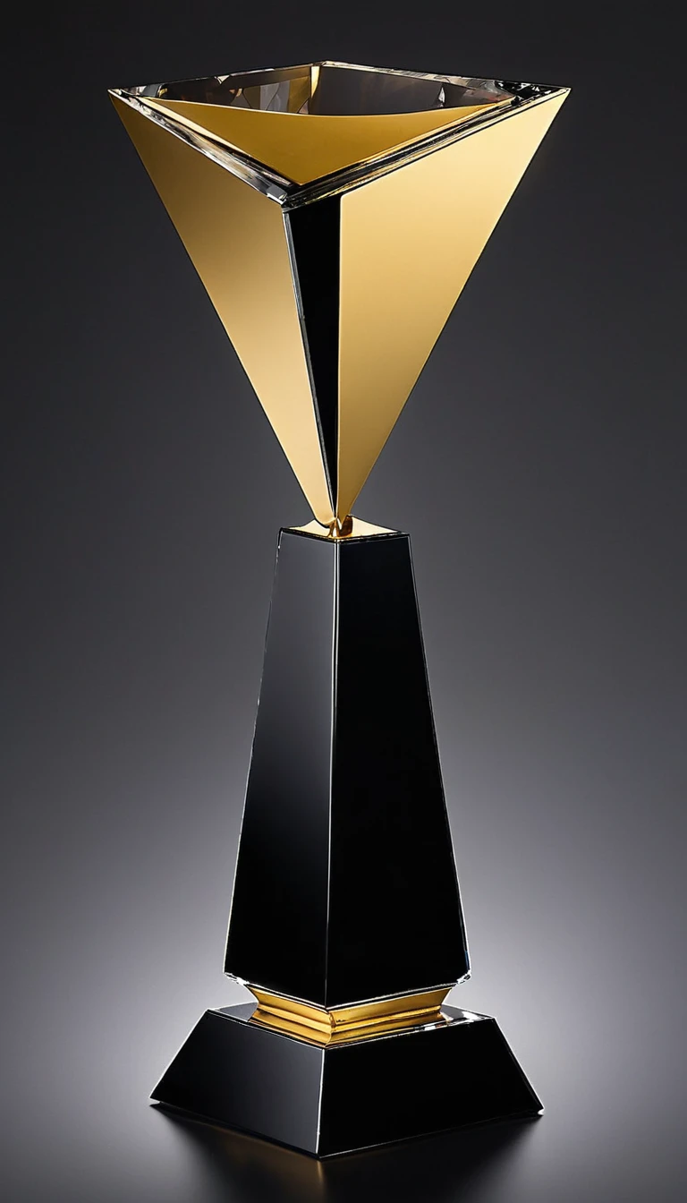 A trophy；Black and gold crystal trophy；Integrally formed，Directly above and directly below；Pyramid（Proportion：4：7：16），Triangular body，cube。Grammy style；