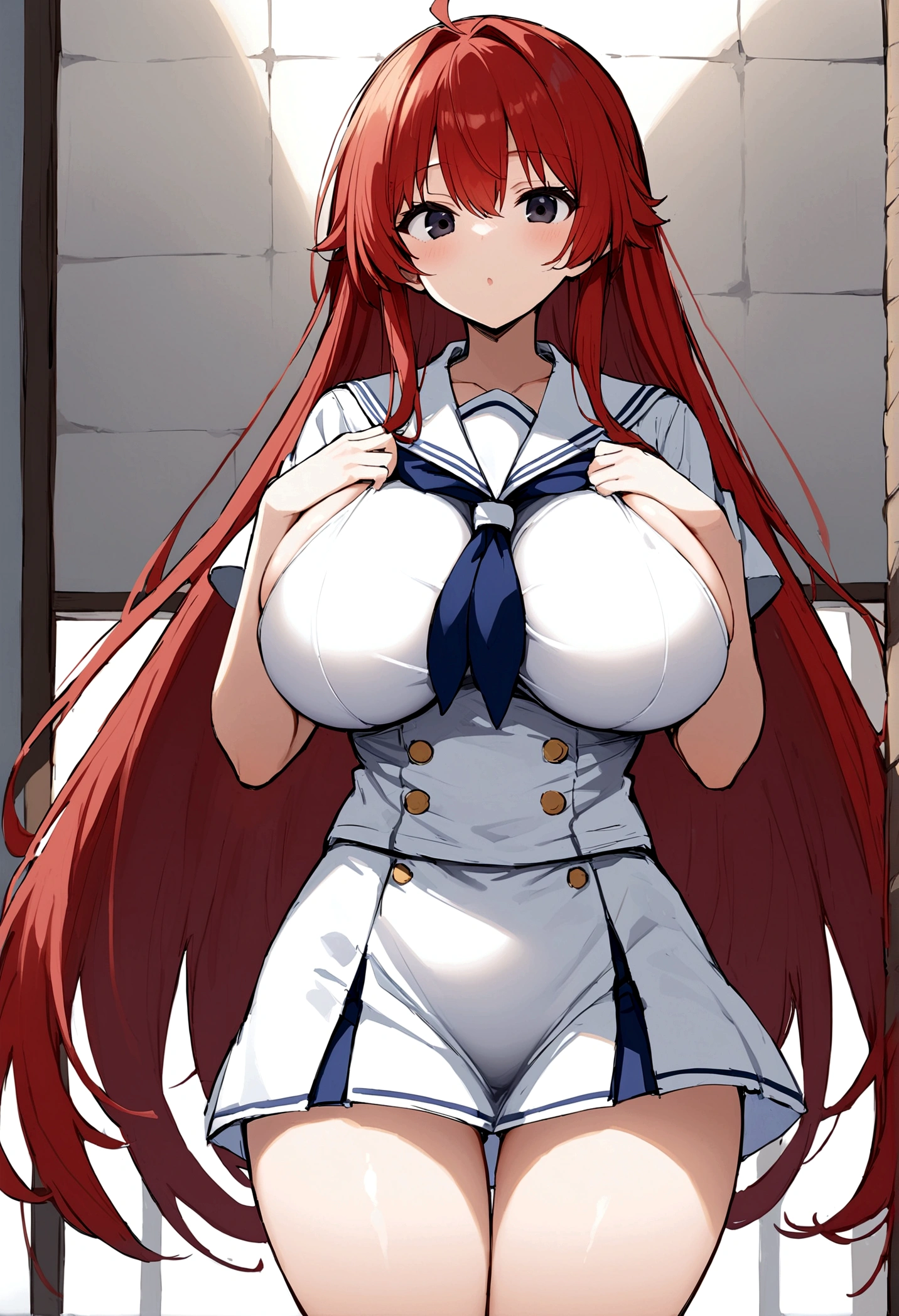 My name is Hikaru, I am a white test woman with long red hair and black eyes. I am 1.60 cm tall and weigh 46 kg. My breast sizes are 300 cm, my waist is 60 cm and my hips are 200 cm. Dressed in a white short-sleeved sailor uniform shirt and a navy blue miniskirt . With big breasts 300 cm