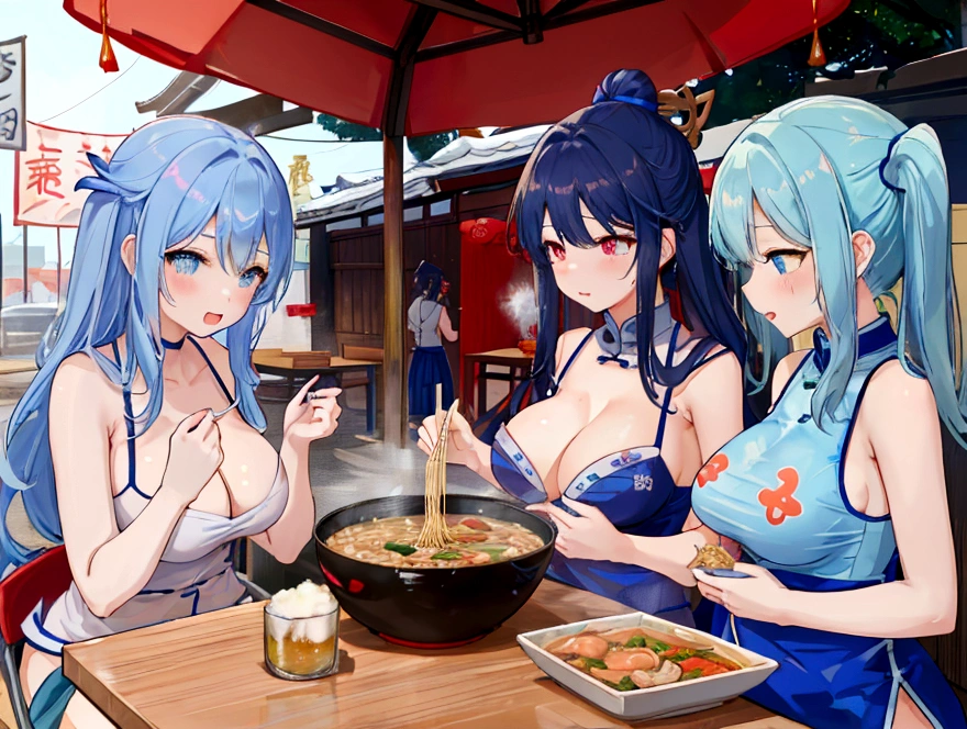 Four cute students in underwear eat Chinese food with gusto、Big boobs and small boobs、A thin cute blue bra、Thin cute blue underwear、Large serving of salt ramen, fried rice and gyoza set meal、Beer in a mug、