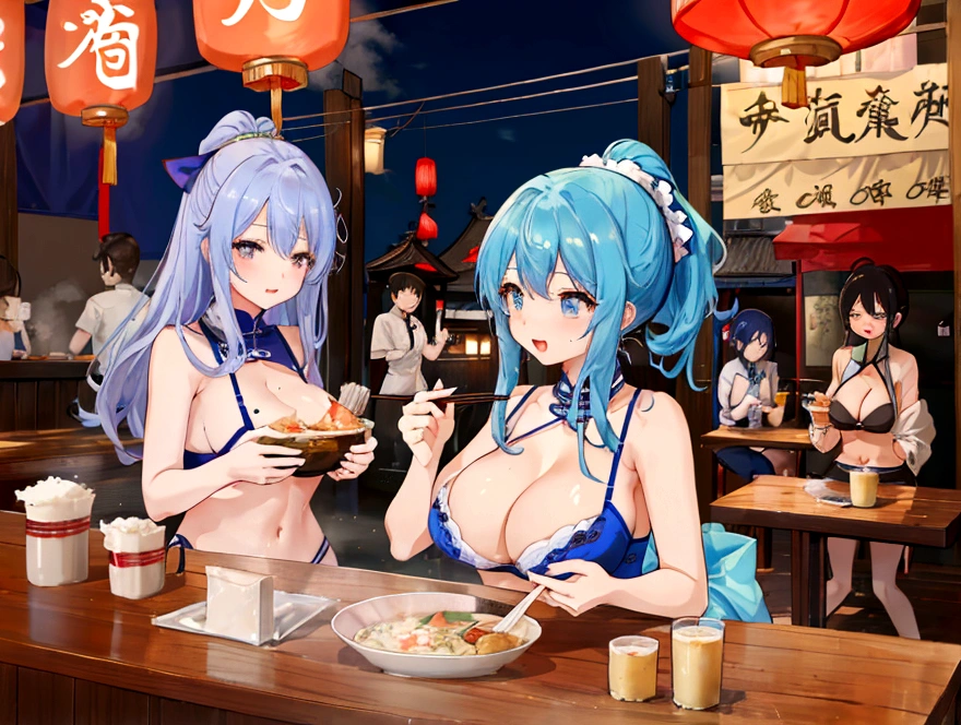 Four cute students in underwear eat Chinese food with gusto、Big boobs and small boobs、A thin cute blue bra、Thin cute blue underwear、Large serving of salt ramen, fried rice and gyoza set meal、Beer in a mug、