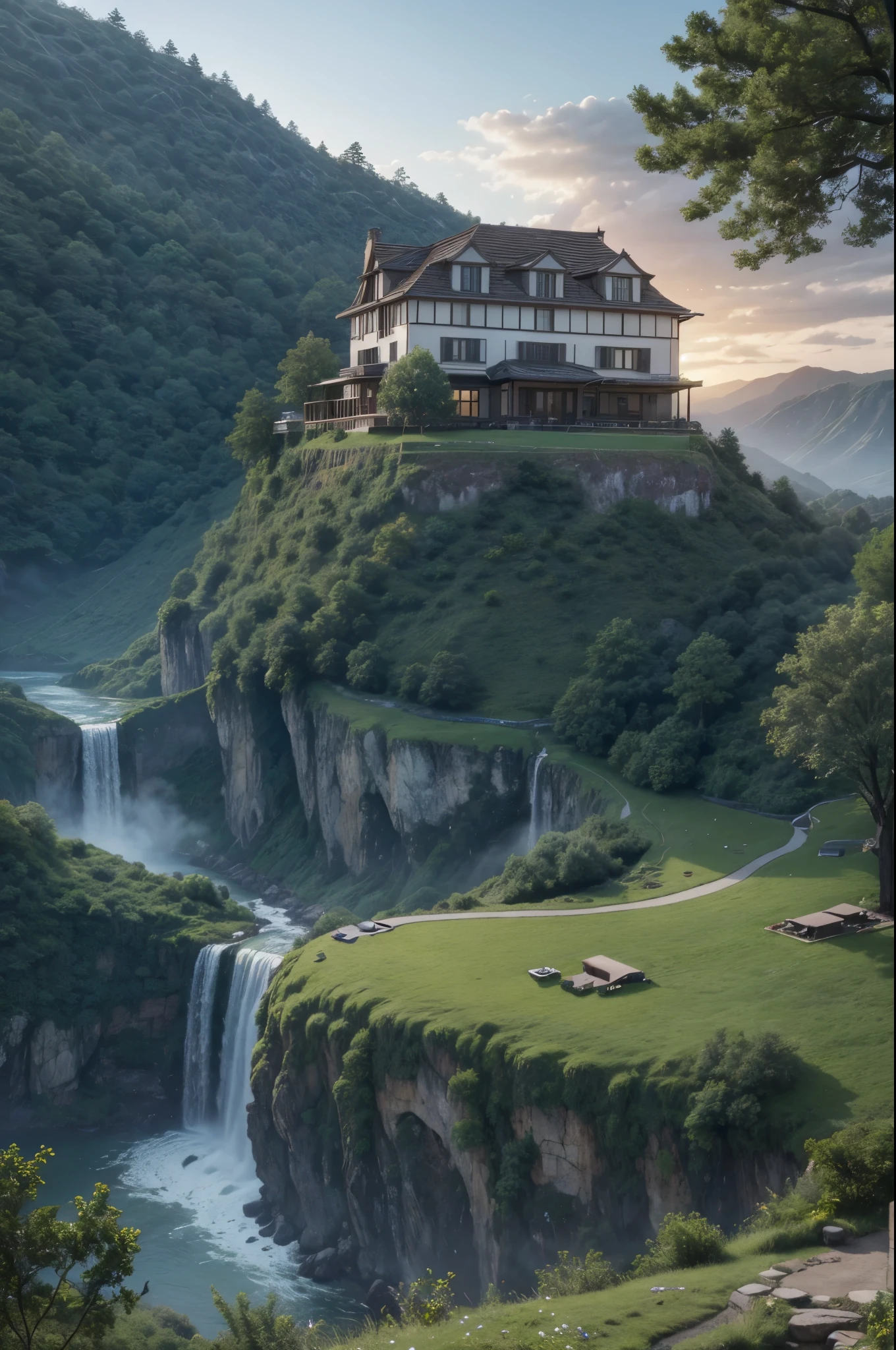 Create a realistic landscape that includes a picturesque house located near a majestic waterfall. The house must be situated on top of a cliff, overlooking a green valley. The waterfall must descend from the cliff into a river below, creating a serene and natural atmosphere. Lighting should be soft, with evening lights, highlighting the beauty of the landscape. Add details like trees around the house, wildflowers in the valley and soft clouds in the sky, to give a final touch to the scene.
