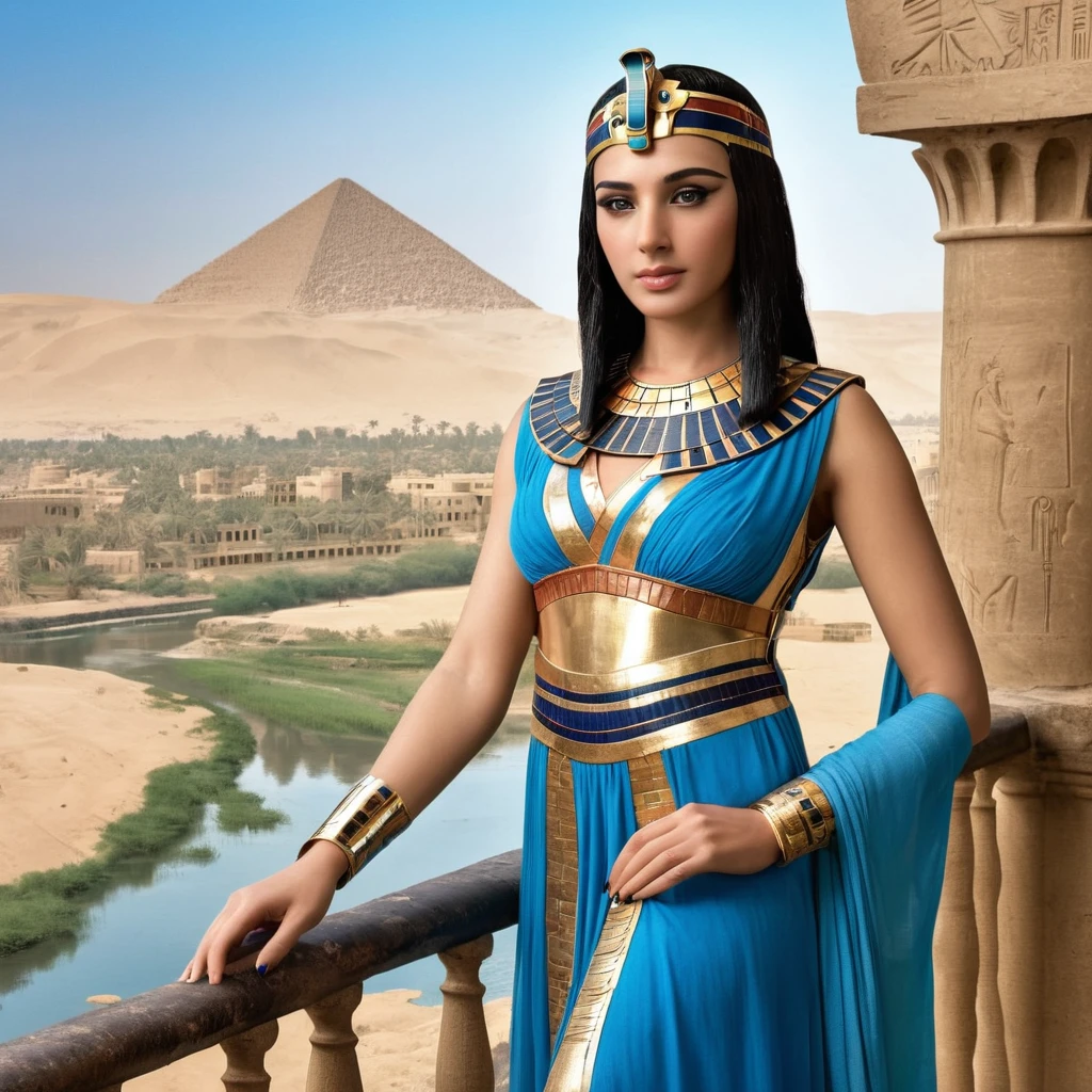 Standing on a balcony overlooking the river、Arabian woman wearing dress and headpiece, beautiful Cleopatra, Egyptian princess, Beautiful Fantasy Empress, Cleopatra in her palace, Cleopatra portrait, Ancient Princess Liv, Egyptian style, Egyptian, ((Beautiful Fantasy Empress)), Cleopatra, Beautiful Goddess, portrait of Cleopatra, android girl in Egyptian ruins, Hmm、Carol in the back