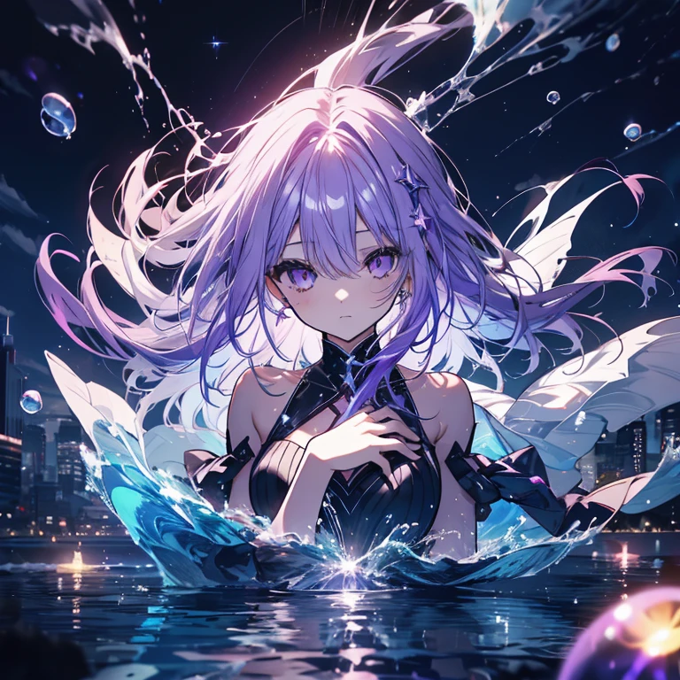 1 girl、Mature、Ample breasts、Purple Hair、Long Hair、Sharp Eyes、midnight、Floating on the lake、Lying on your back、Hair spreading on the water surface、Close ~ eyes、Put your hands together in front of your chest、moonlight shines in、dress、Sleeping、In the water、Stray Hair、Sparkling water surface、Star dust、jellyfish、High resolution、Highest quality