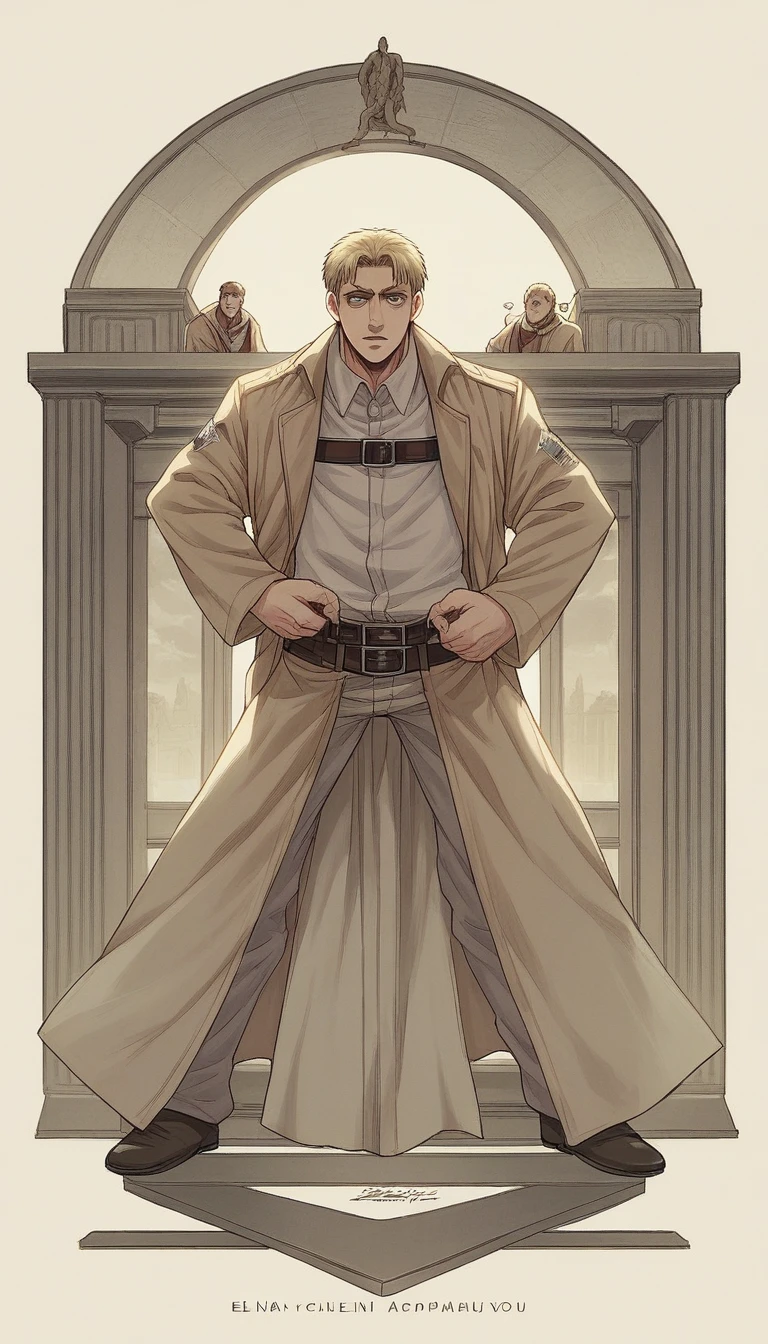 Close-up of a long-haired male statue, Ellen Yeager, Ellen Yeager, Full body close-up shot, ( Highly detailed figures ), Whole body 1 / 6 nihei tsutomu, mouth the grappler, Menacing pose, Detailed Images, Pop-up Parade Figures, From Attack on Titan, mouth