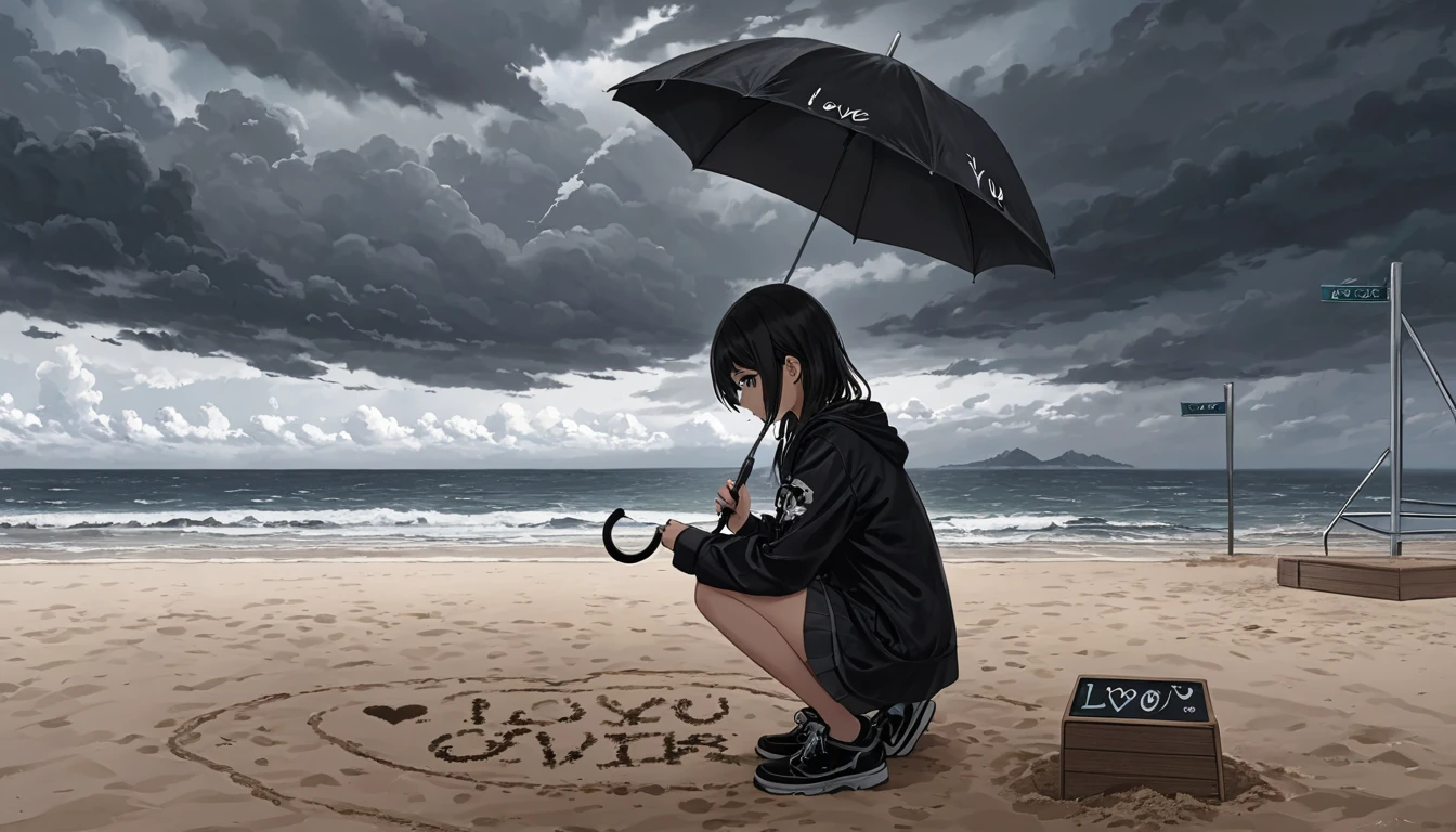 A dark and cloudy day with a sky full of dark clouds. A girl is crouching on the playground, holding an umbrella in one hand and writing i love you in the sand with her other hand.