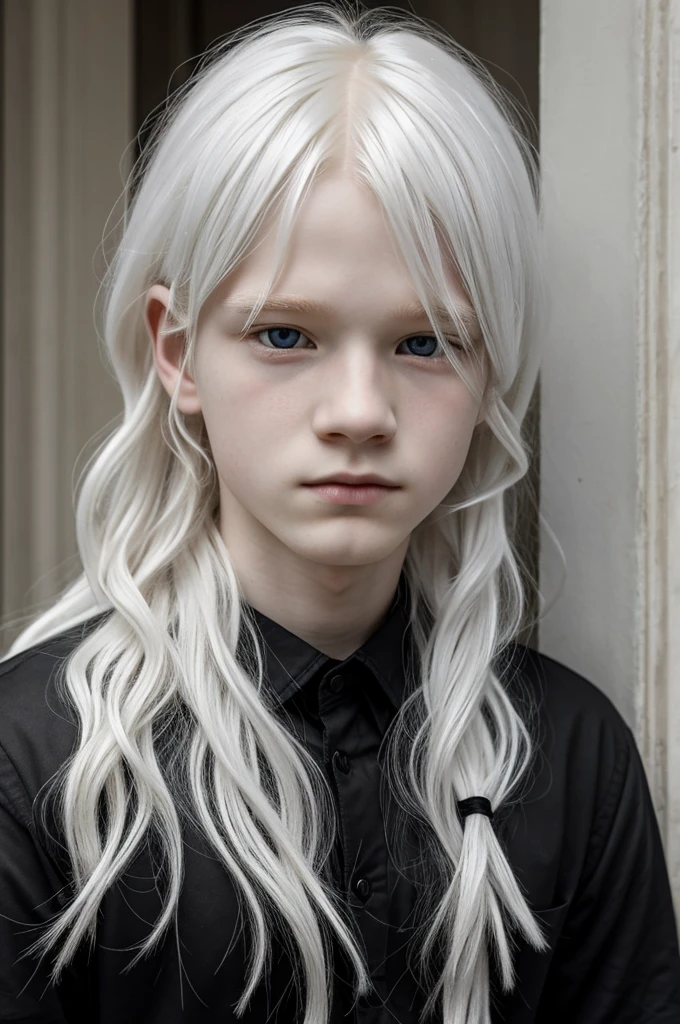 An albino boy with long hair, wavy and white, big gray eyes, effeminate and fine face of 19 years old and wearing black clothes