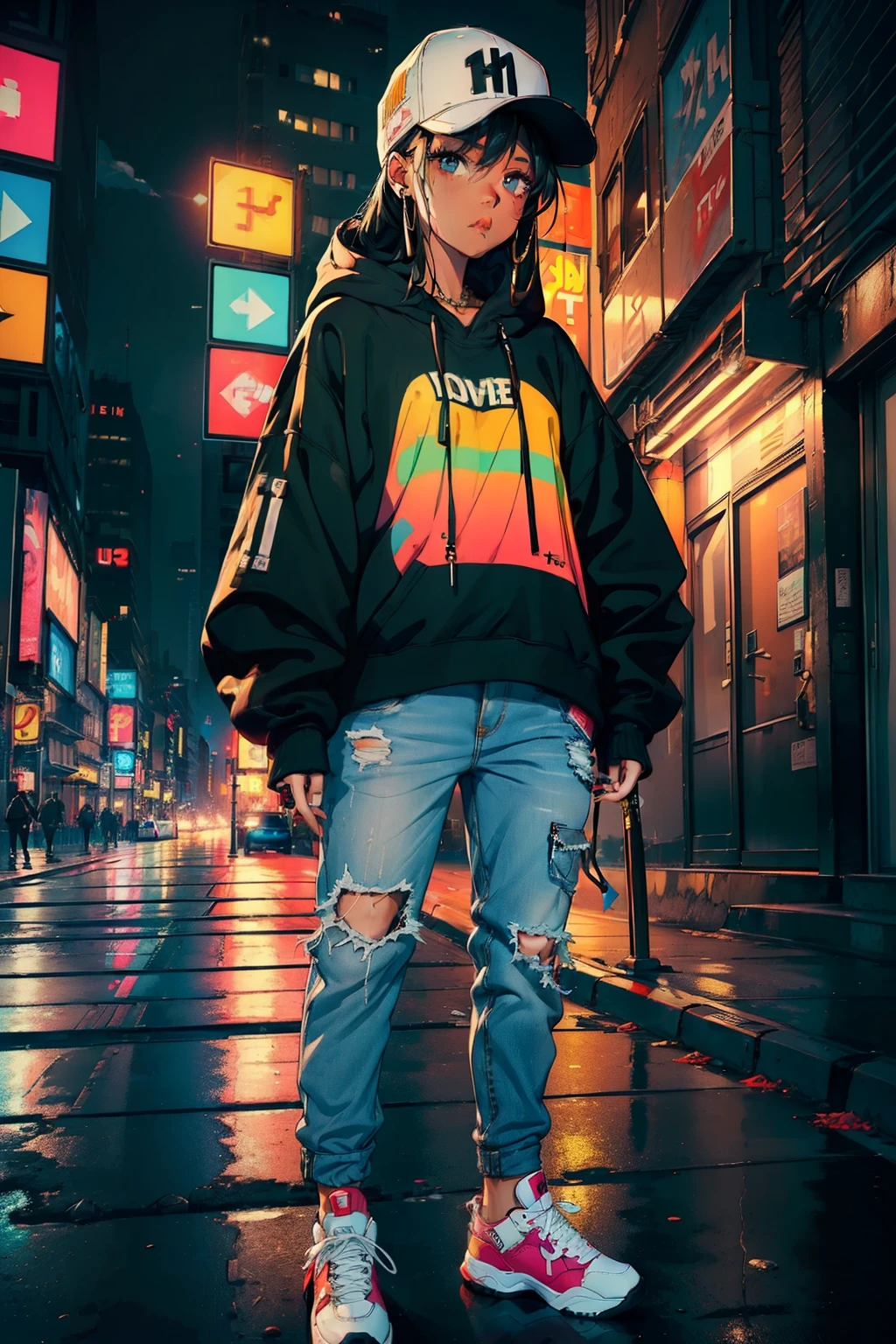 (Masterpiece), High Quality, 1 girl, Hip-hop Style, (Diverse culture, urban vibe), Oversized Hoodie with Graphic Designs, (Baggy jeans, sneakers), Gold Chains, Basketball Cap, (Streetwear fashion), Smartphone, (Social media, texting, hip-hop music), Graffiti-inspired background, (New York City, cityscape, urban jungle: 1.0), (Dynamic lighting, vibrant colors, neon lights), (1 girl, urban girl: 1.5), Realistic Skin Texture, High Resolution, (8K Wallpaper), Close-up Portrait,