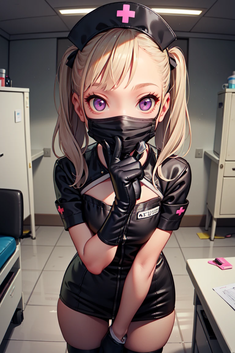 black nurse, 1girl, solo, black nurse cap, black nurse uniform, ((black legwear, zettai ryouiki)), black elbow gloves, twintails, yellow hair, purple eyes, ((black surgical mask, covered nose)), standing, ((surgery room)), sharp outline, short sleeves, best quality, masterpiece