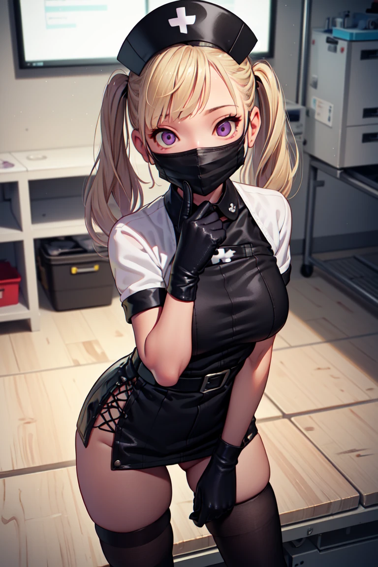 black nurse, 1girl, solo, black nurse cap, black nurse uniform, ((black legwear, zettai ryouiki)), black elbow gloves, twintails, yellow hair, purple eyes, ((black surgical mask, covered nose)), standing, ((surgery room)), sharp outline, short sleeves, best quality, masterpiece