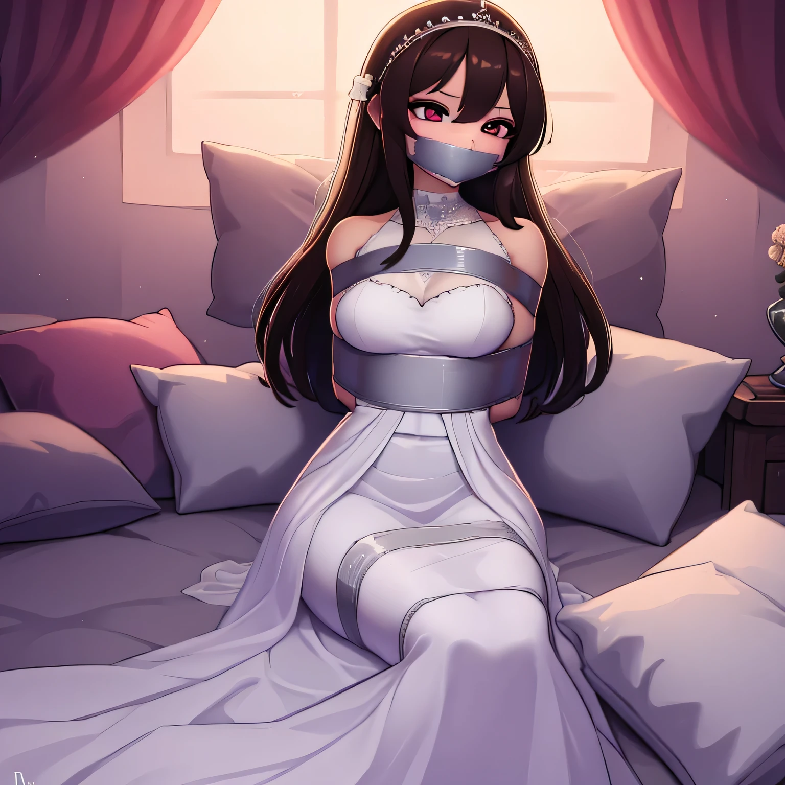 (bright lighting,romantic setting),bride captured, dreamy background,bondage,dark hair, mesmerizing gaze, , soft skin, alluring beauty, artistic portrait, high-quality image, vibrant colors, long silk gown, in the bed,tape bondage,tape gag, mosquito net, bridal