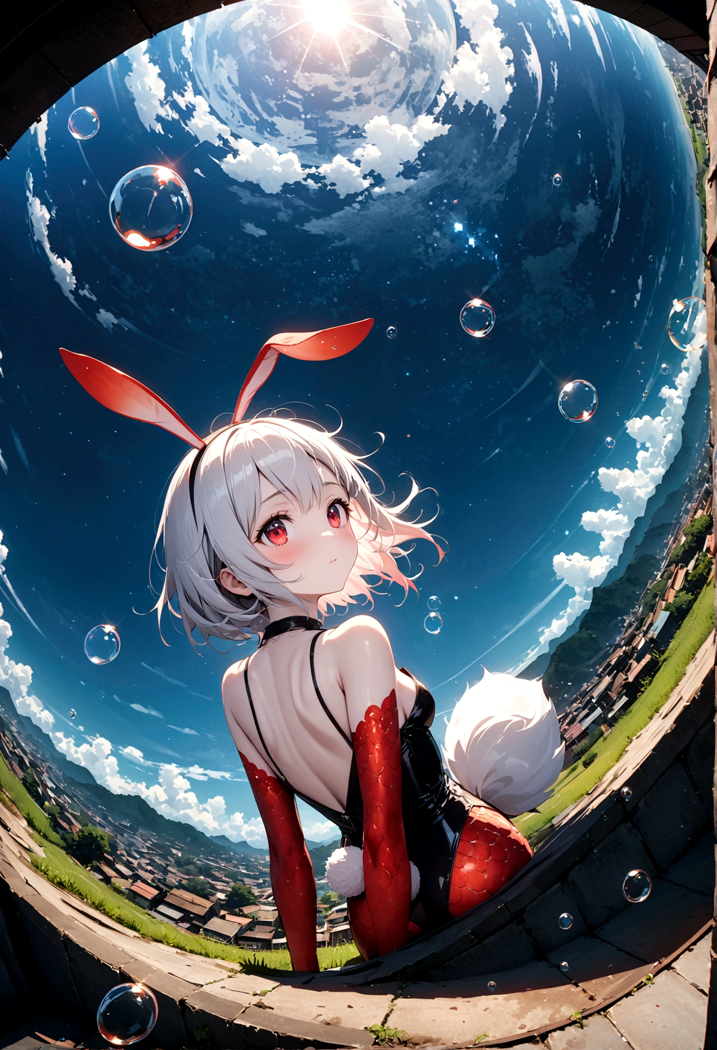 woman\(student, JK, Short silver hair floating, Space-colored eyes, black , Pale skin, Tired face、lack of shine in the eyes\) Looking up at the sky, Many cute little goldfish with shining red scales are swimming in the air, Transparent bubbles, like those in water, sparkle here and there in the sky., Beautiful sky, Beautiful Clouds, there are puddles at ground and the landscape is reflecting beautifully, Looking up at the wide sky from the cramped back alleys of the slums, Summer flowers are blooming everywhere, I see the wind blowing and shining, There is a noon moon and a noon star in the sky,From below, break ,quality\(8K,非常に精細なCGユニットのwallpaper, masterpiece,High resolution,top-quality,top-quality real texture skin,Surreal,Increase the resolution,RAW Photos,最高quality,Very detailed,wallpaper,Cinema Lighting,Ray-tracing,Golden Ratio\),(Long Shot),Wide Shot,landscape,arched back、looking back、flustered、It has a rabbit tail、Bunny ears、Red eyes