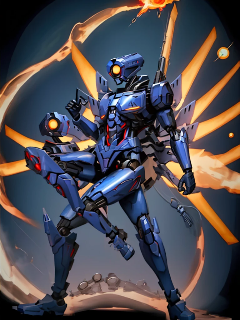 V1, blue robot, detailed, sliding, holding revolver, coin in air, gunshot, ricochet using coin, hell, solo, slim, aggressive, slim body