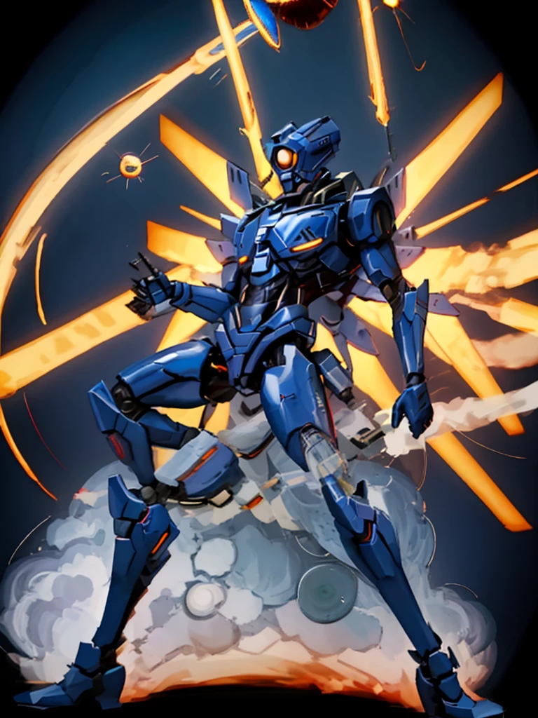 V1, blue robot, detailed, sliding, holding revolver, coin in air, gunshot, ricochet using coin, hell, solo, slim, aggressive, slim body