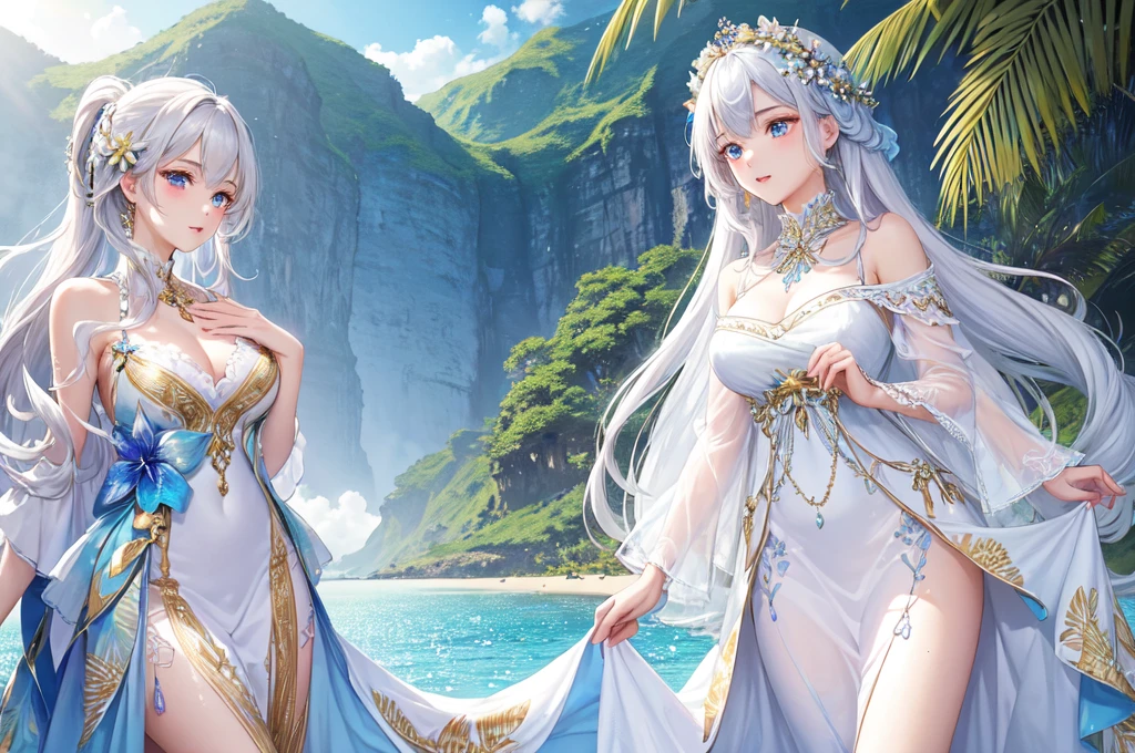 She is a beautiful woman with long silvery hair and beautiful eyes.、She is wearing an elegant and detailed Aloha dress.。The dress is、To give a luxurious and classy feel、Must have intricate designs and patterns。In the background、The morning sun reflects on the water、Romantic morning beach in Hawaii with the sun hitting the palm trees。The entire image is、Enhance the magical atmosphere by highlighting the glittering effects and rainbows.、Adding extra frills to the dress。It makes you stand out。」