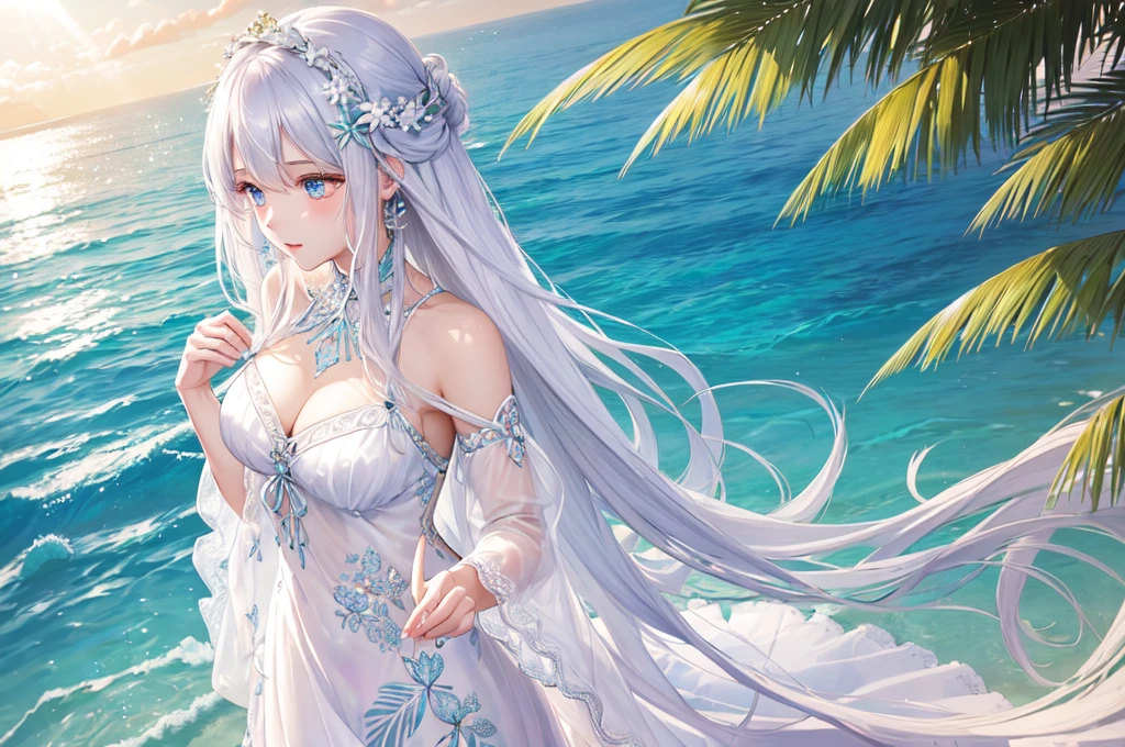 She is a beautiful woman with long silvery hair and beautiful eyes.、She is wearing an elegant and detailed Aloha dress.。The dress is、To give a luxurious and classy feel、Must have intricate designs and patterns。In the background、The morning sun reflects on the water、Romantic morning beach in Hawaii with the sun hitting the palm trees。The entire image is、Enhance the magical atmosphere by highlighting the glittering effects and rainbows.、Adding extra frills to the dress。It makes you stand out。」