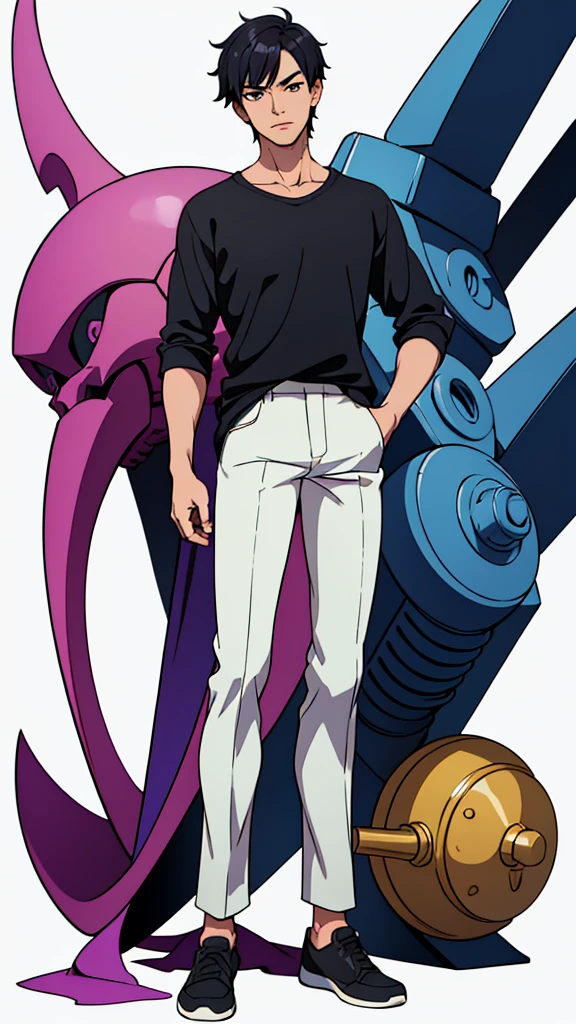 anime, anime style art, masterpiece, best quality, highres, 1 man, Baro Shoei blue lock, looking slightly left, head tilted leftwards but not a lot, slight head tilt, looking left, normal clothing, black shirt, white pants, black hair, short hair, extremely short hair, teenager, light background, full body, teenager, colorful parts, bold, realistic mixing dark lines and loose lines, bold lines, on paper, human man, purple eyes, full body, imposing pose, very tall, standing, male, sharp chin, wide jaw, white background, purple eyes, muscular, broad shoulders, front view, standing straight, facing towards, looking straight, looking forward, full face, masculine, oval face, calm, humble, man, male, masculine, full body, clear face, detailed face, full body, 1 person, 1 entity, 1 human