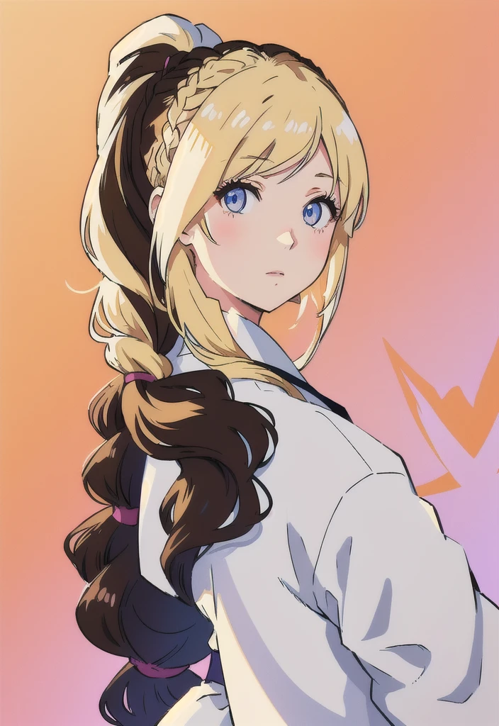 front side hair, braided hair front, front side ponytail, No back ponytail, anime shadow, Flat anime-style shadows, Semi-realistic anime style, anime long hair girl, Drawn in an anime artist studio, White clothing, blonde, White skin, Soft anime illustration, Detailed facial details, Clear anime silhouette, Anime girl portrait profile, Detailed anime soft face