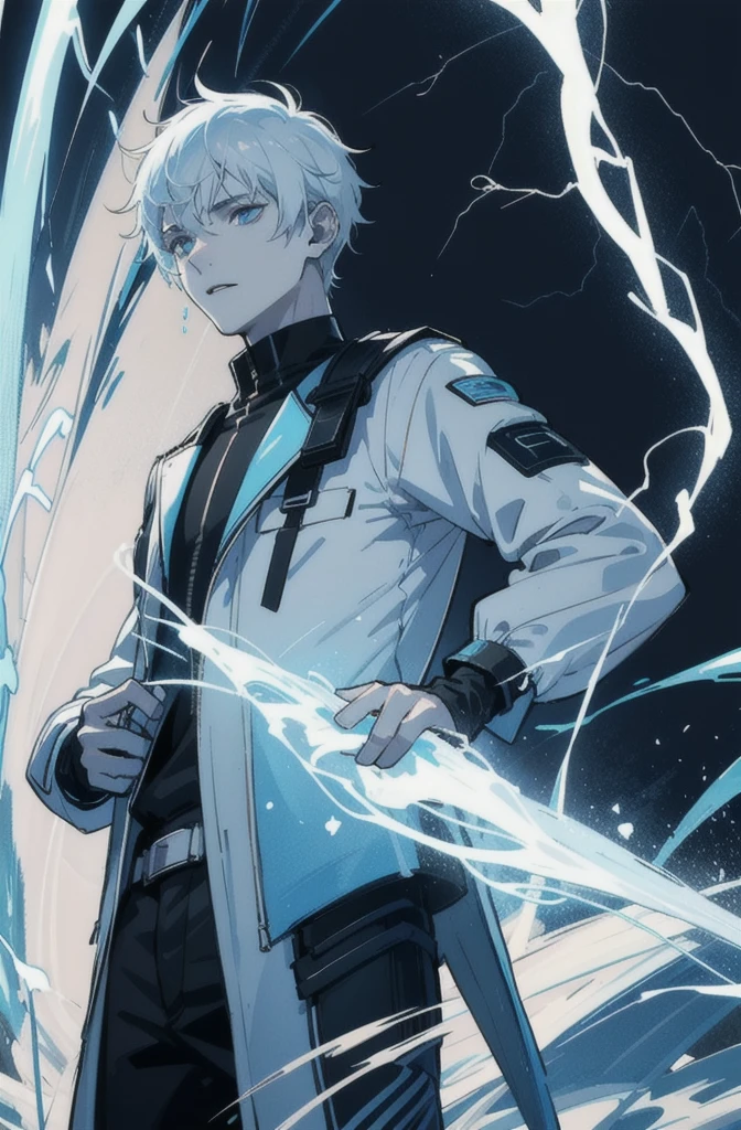 A 15-year-old age boy with an albino skin tone. He is an engineer and artificer, without facial or body hair. His hair is short and straight, colored white. The boy is wearing a futuristic cyberpunk in black and blue, futuristic style clothes, adorned with white lightning patterns. He is surrounded by an aura of white lightning, with a background featuring a scenery of rapid lightning and thunder. Thunder powers.
