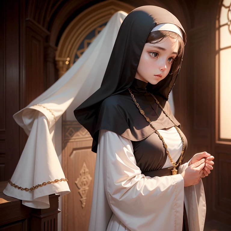 (Masterpiece, Young Nun), (High Quality, Spiritual Figure), (Female Character, Religious Icon), (Detailed Attire, Habit), (Nun's Veil, Covered Head), (Bare Neckline, Modest Plunge), (A veil covering the mouth, face veil fit his face, Long gloves), (Natural Complexion, Radiant Skin), (Soft Lighting, Holy Sanctuary), (Realistic Texture, Fabric Wrinkles), (Deep Focus, Close-up Portrait), (Young Face, Innocent Expression), (Hands, Holding Rosary Beads), (Gazing into the Distance, Contemplating), (Serene Environment, Monastery), 1girl, full body shot