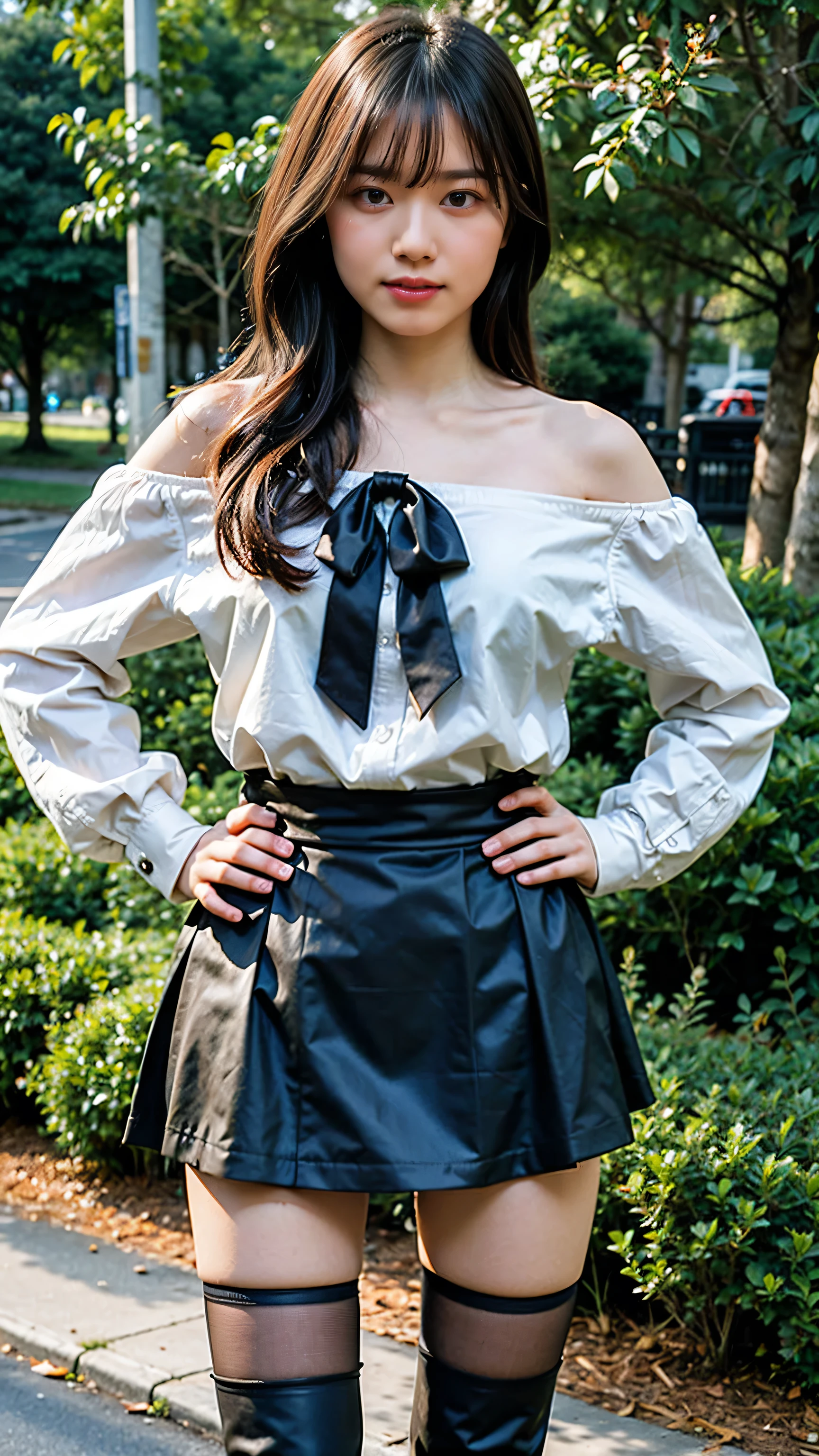 (8K、RAW Photos、Highest quality、masterpiece:1.2)、(Realistic、Photorealistic)、1 Girl、((In town、Off the shoulder、、Black Mini Skirt、Ribbon on chest、Blonde、Knee socks、boots、Big Breasts、Look forward、Standing with hands on hips))、