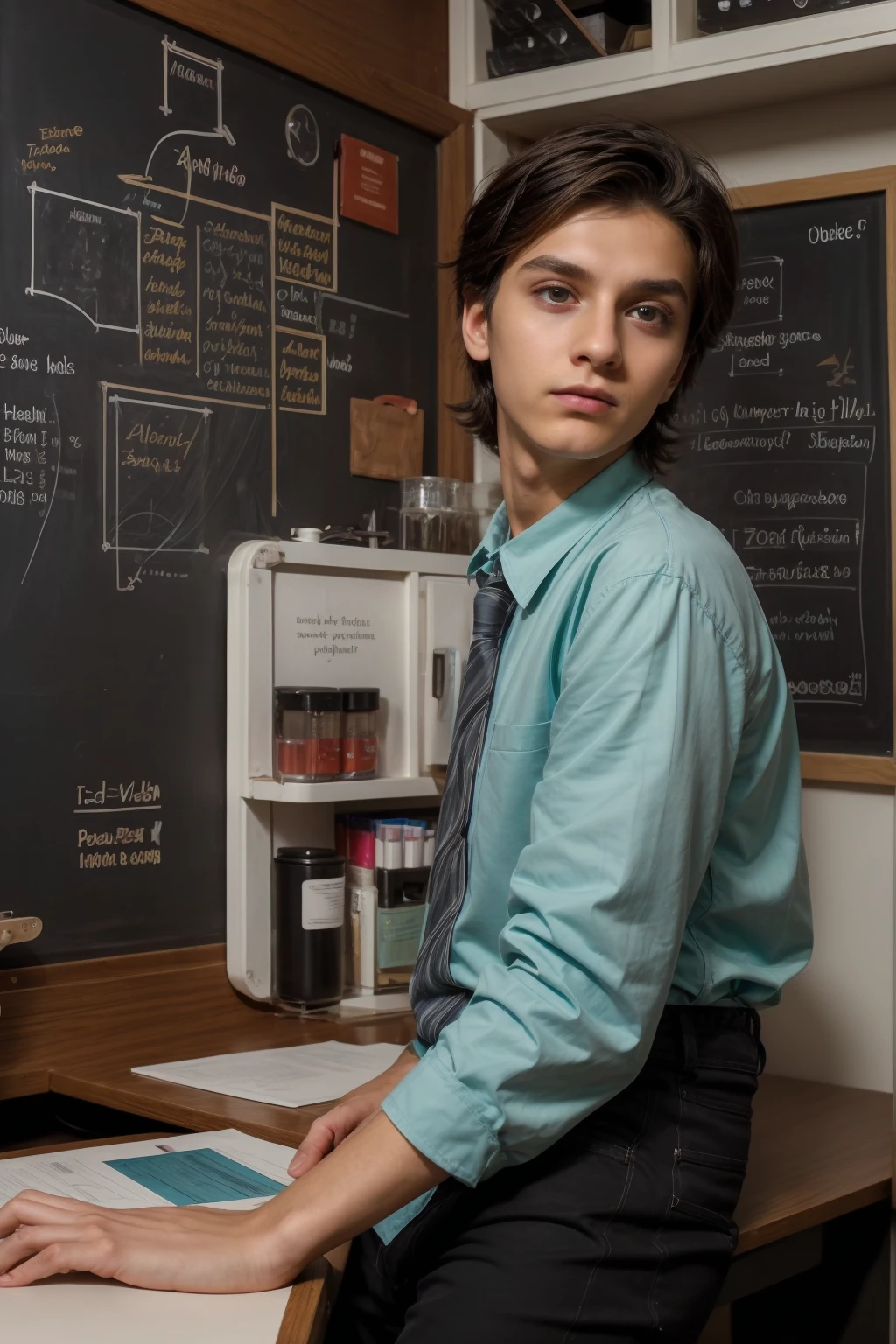 A beautiful young twink, cute male, with black hair and a face with makeup. He is wearing a long-sleeved aquamarine shirt and black jeans. He is in his luxurious scientific office, and behind him is a blackboard with neurons and calculus written on it, and he looks in amazement and shock with his eyes beneath it. Dark circles, and he has a red face with makeup on as he sits in his office studying human medicine.
