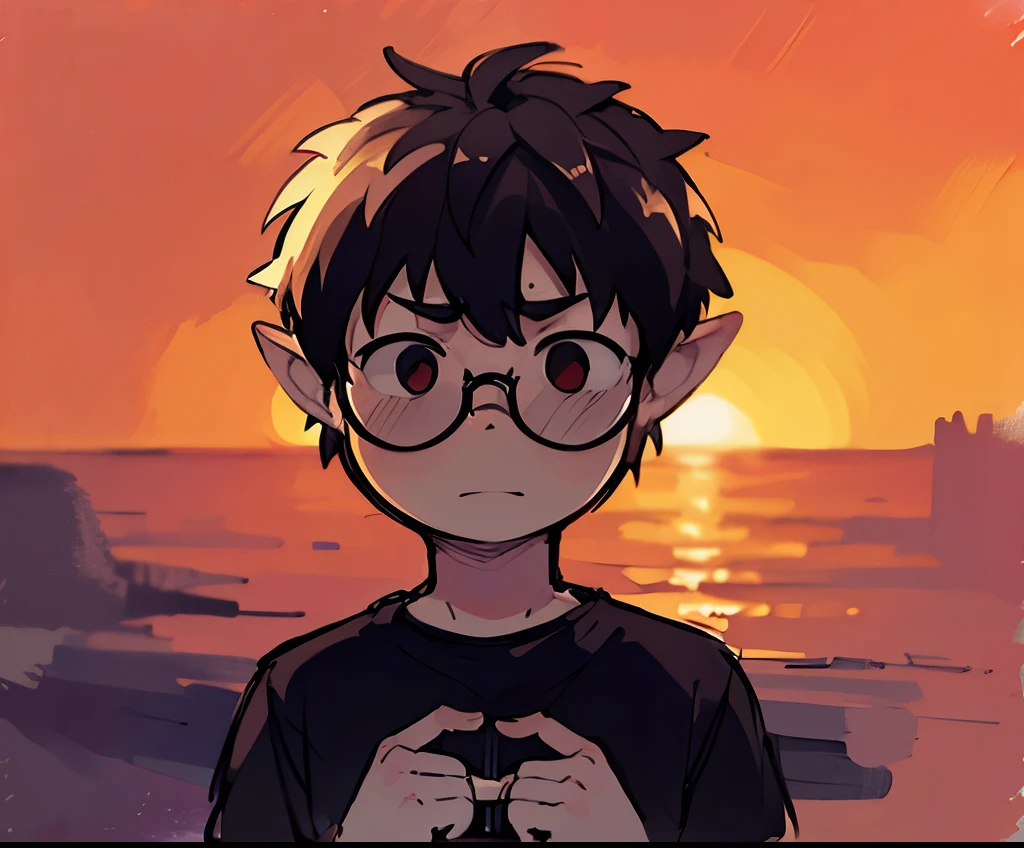 highest quality, sketch, Monochrome, Traditional Media, Pencil drawing high resolution, high definition, 4k, ((masterpiece)), Asian boy, cute boy, red eyes, ((black sunglasses)), elf ear, sunset background, black shirt, 