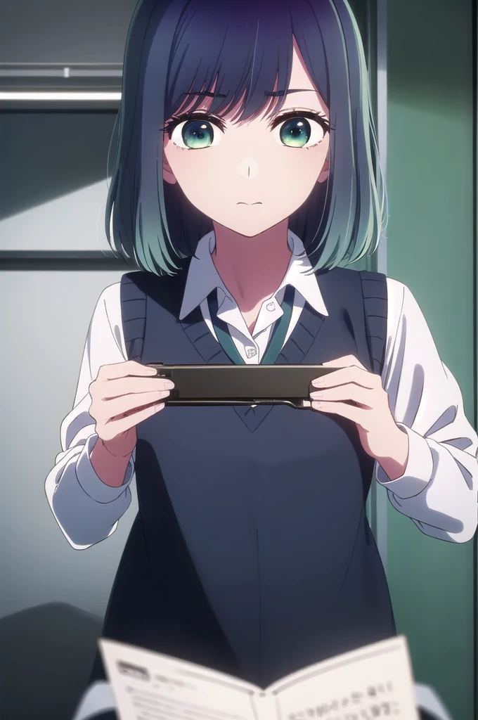 akanekurokawa, akane kurokawa, bangs, (Green Eyes:1.3), Blue Hair, Medium Hair, dark Blue Hair,
break shirt, , White shirt, tie, Collared shirt, Best, blue tie,
break indoors, classroom,
break looking at viewer, (Cowboy Shot:1.5),
break (masterpiece:1.2), Highest quality, High resolution, unity 8k wallpaper, (figure:0.8), (Beautiful attention to detail:1.6), Highly detailed face, Perfect lighting, Highly detailed CG, (Perfect hands, Perfect Anatomy),