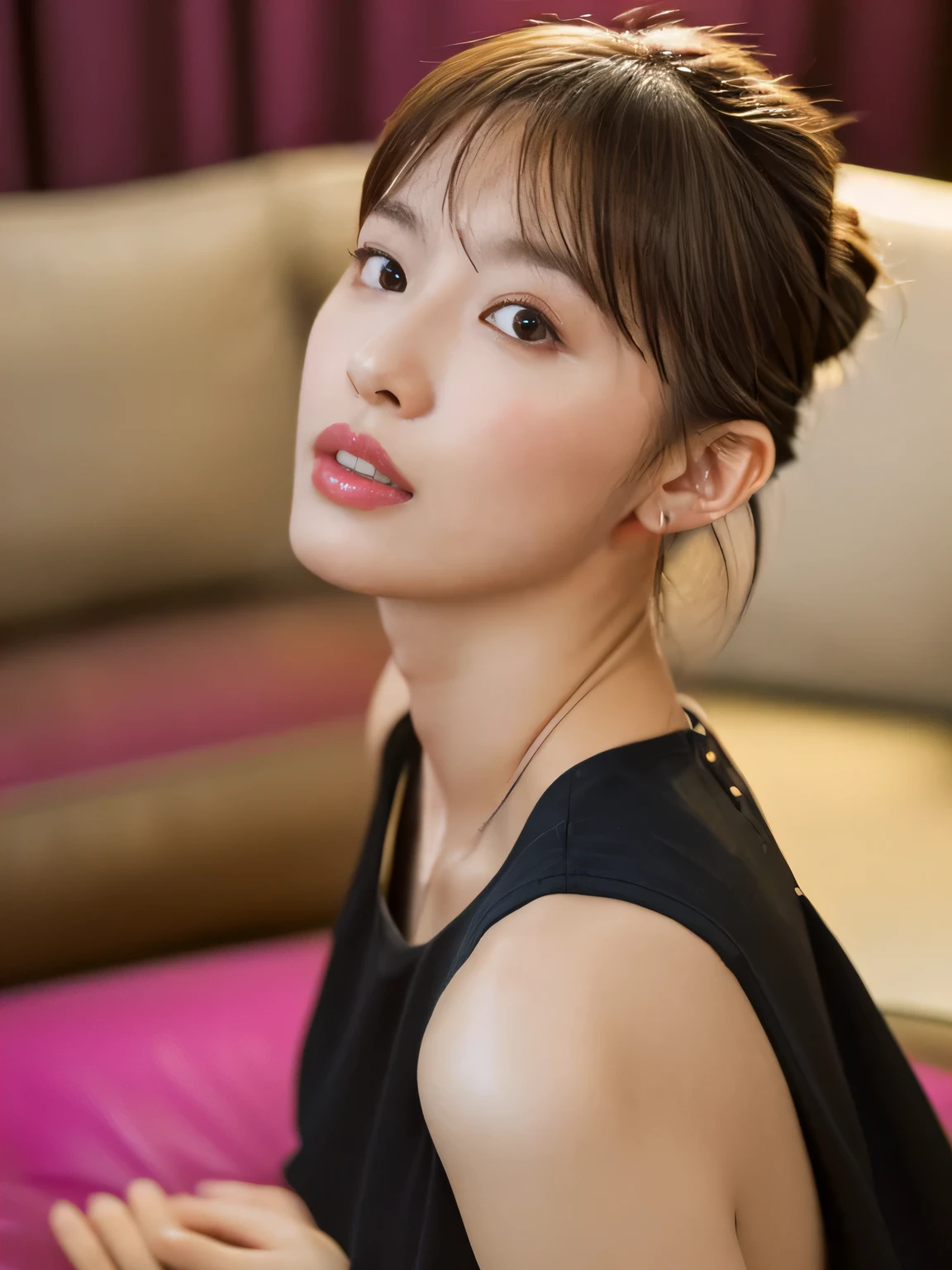 (RAW Photos), (Realistic), (masterpiece), (highest quality), High resolution, 8k, (Intricate details), (Volumetric Light), Portraiture, woman, Age 35, Medium Hair, Straight hair, Center of chest, Accentuate your cleavage, Layered Hair, Brown Hair, Very beautiful eyes, Source order, Very thin eyebrows, Very fine skin, Very beautiful mouth, Very nice nose, Cute like an idol, smile, (Thick lips), (Looking at the audience), (Pale yellow see-through dress shirt), Upper Body,Your breasts are clearly visible、Severe pain、Ecstatic eyes:1.2),(Rear View:1.5), despair, cry, ((I gasp violently:1.2))、Ecstatic face、Climax expression、look up、Looking at the ceiling、((close your eyes, Endure:1.5)), Through clenched teeth、