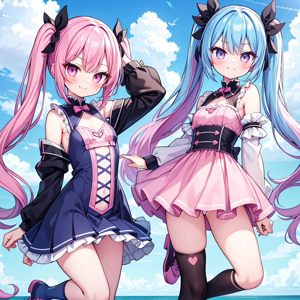 masterpiece, best quality, hyper detailed, 2girl, evil smiling, looking at viewerery,flat chest,blue hair,short twintails,middle hair,sky blue eyes,cute miniskirt,cute striped panty,cute high socks,cute shoes,smirk,pantyshot,
1girl, evil smiling, looking at viewer, 1girl, evil smiling, looking at viewer,flat chest,small breasts,pink hair,twintails,middle hair,pink eyes,with star-shaped eyes,
