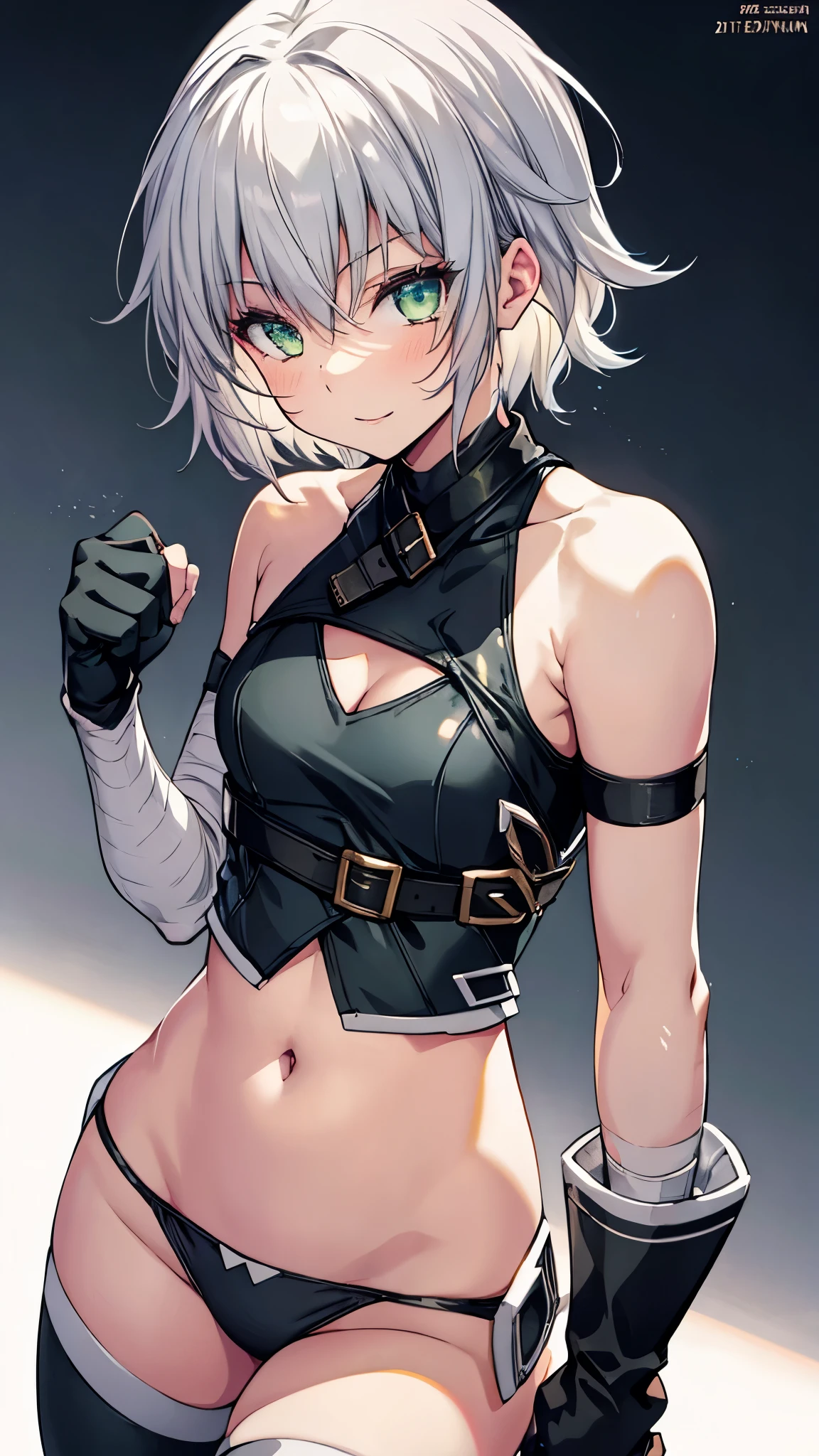upper body,1girl,solo,chibi,green eyes,flat chest,skinny,silver hair,short hair,crop top,belt,navel,g-string,elbow gloves,kneehighs,Knife sheath,(leaning forward,arms behind back),open mouth,light smile,masterpiece,Noise Reduction,perfect anatomy,high resolution, ultra-detailed,game cg,dutch angle ,beautiful detailed eyes,visualart,five fingers, perfect hands, perfect lighting,