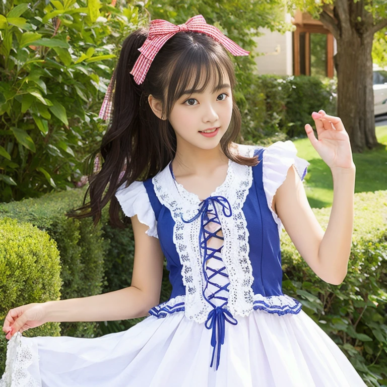 ((Real Photo Quality))、((masterpiece)), ((highest quality、Ultra high definition)), (Very detailed),8K、Photo quality、(((Amazingly cute girl))), 16-year-old girl, (Beautiful emerald blue eyes), (smile),Glossy lips、In the open-air bath overlooking the sea, Beautifully arranged black hair in twin tails、Lace fabric ribbon、whole body、((Super high-end white see-through summer gothic lolita maid costume、A super mini skirt with lots of frills))、Professional Lighting、(White lace knee-highore detailed and beautiful)、(More details and cutenesore realistic)、