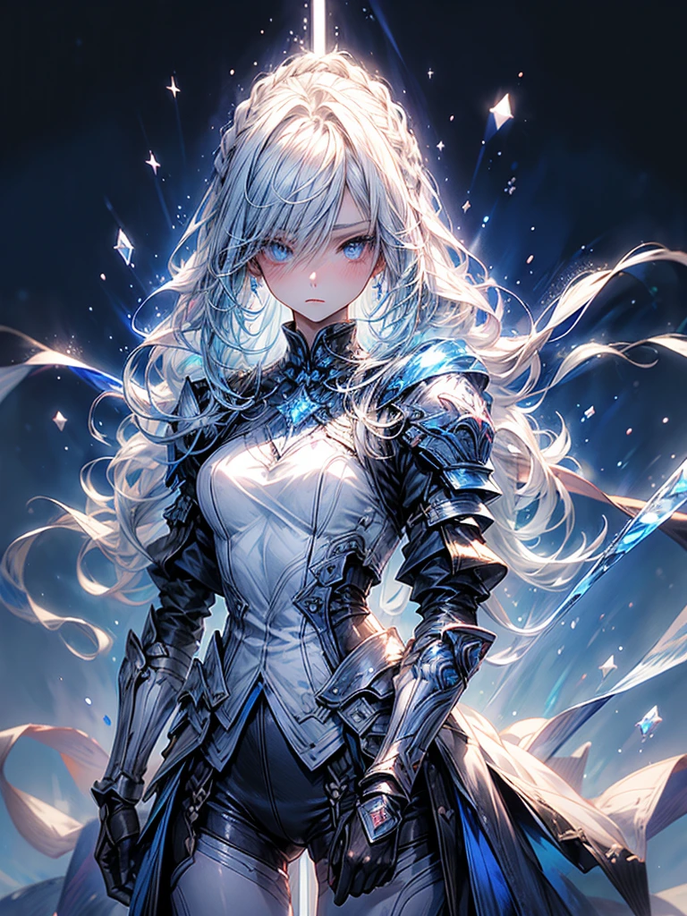One beautiful woman、whole body、Standing posture、front、Transparent light blue hair、crystalのように輝く髪、Blue eyes that shine like jewels、Combat Uniform、Have a weapon、Slender、Slender、Highest quality、Super detailed、masterpiece、crystal、Ice and snow effect