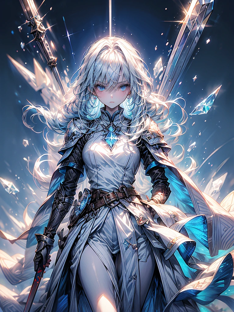One beautiful woman、whole body、Standing posture、front、Transparent light blue hair、crystalのように輝く髪、Blue eyes that shine like jewels、Combat Uniform、Have a weapon、Slender、Slender、Highest quality、Super detailed、masterpiece、crystal、Ice and snow effect