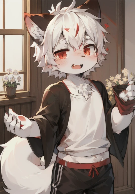 (Dark Environment:0.8),masterpiece,high quality,abstract res,number\(artwork\), From dagasi, Yes,Seizan,(Flower Charcoalo,Fluffy fur,character focus:1.1),Flower Charcoalo male cat,short hair,portrait , Bright Eyes, panoramic, character focus.(Detailed background:0.7), solo, hairy, hairy的男性, Male focus, Flower Charcoal,(全身hairy, hairy的尾巴, White fur, Red Eyes, White hair:1.2), (Long canine teeth、Swimming pants:1.2),(Interior、seaside:1.1)