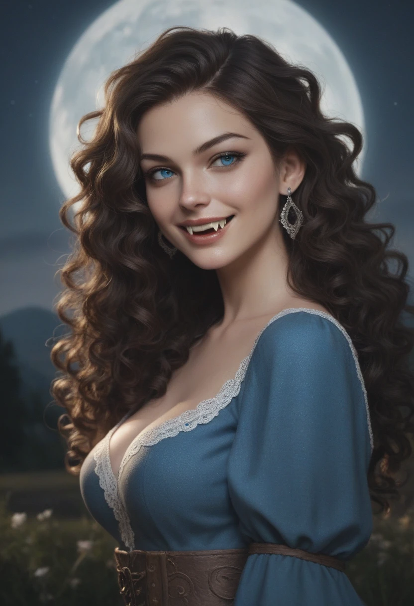 score_9, score_8_up, score_7_up, score_6_up, rating:safe, 1girl, solo, black_hair, wavy_hair, jewelry, dress, blue_eyes, earrings, long_hair, looking_at_viewer, curly_hair, upper_body, lips, lace, blue_dress, (night:1.3), cxqz8r, medieval_dress, medieval_landscape, fullmoon, rpg, evil_smile, vampire, (fangs:1.4), narrow_waist, skinny