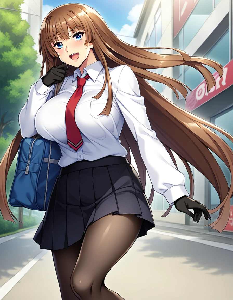 score_9, score_8_up, score_7_up, score_6_up, best quality, source_anime, game cg, beautiful eyes, (aoi nagisa:1.1), BREAK solo, 1girl, koukawa asuka, brown hair, long hair, blue eyes, bangs, (huge breasts:0.8), medium body, BREAK long sleeved_blue_school_jaket, black gloves, collared white blouse, red tie, black skirt, knee length pleated skirt, black pantyhose, shiny skin, BREAK smile, blush, open mouth, standing, outside, street,