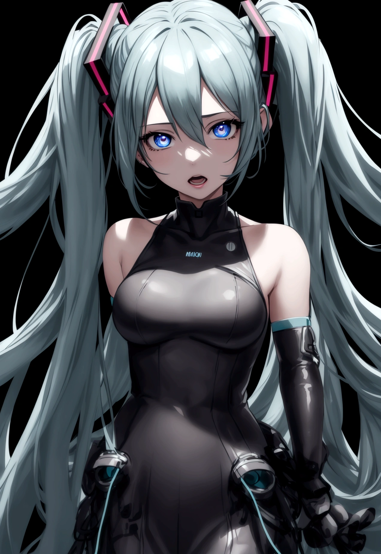 Hatsune Miku, 1girl, waist up, crazy intense gaze, gray background, no background, blue anime girl, detailed face, detailed eyes, detailed lips, long beautiful hair, intricate hairstyle, flowing hair, highly detailed, digital art, concept art, cinematic lighting, dramatic lighting, vibrant colors, neon colors, glowing, hyper realistic, photorealistic, 8k, best quality, masterpiece, crazy girl, crazy eyes, open mouth