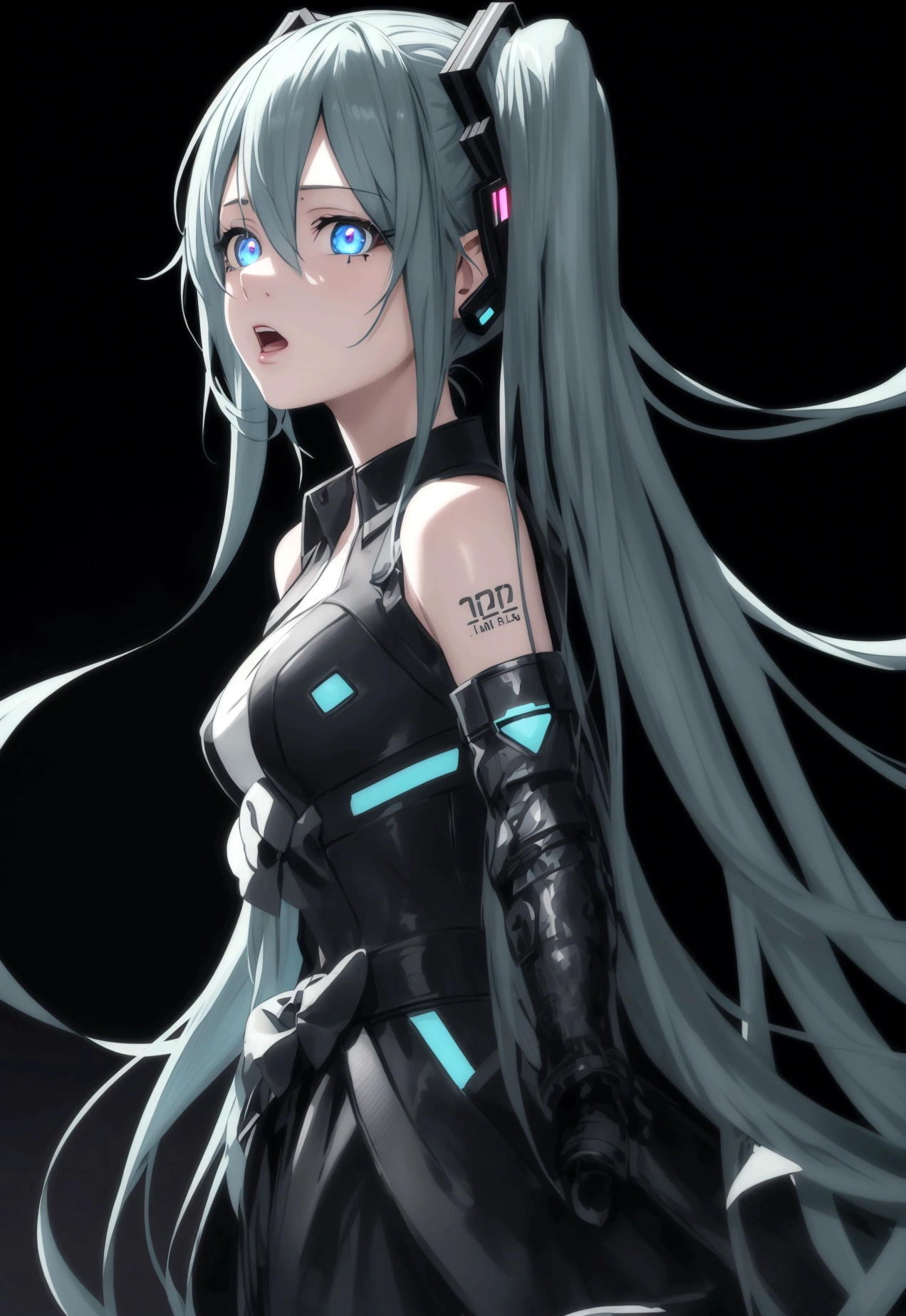 Hatsune Miku, 1girl, waist up, crazy intense gaze, gray background, no background, blue anime girl, detailed face, detailed eyes, detailed lips, long beautiful hair, intricate hairstyle, flowing hair, highly detailed, digital art, concept art, cinematic lighting, dramatic lighting, vibrant colors, neon colors, glowing, hyper realistic, photorealistic, 8k, best quality, masterpiece, crazy girl, crazy eyes, open mouth