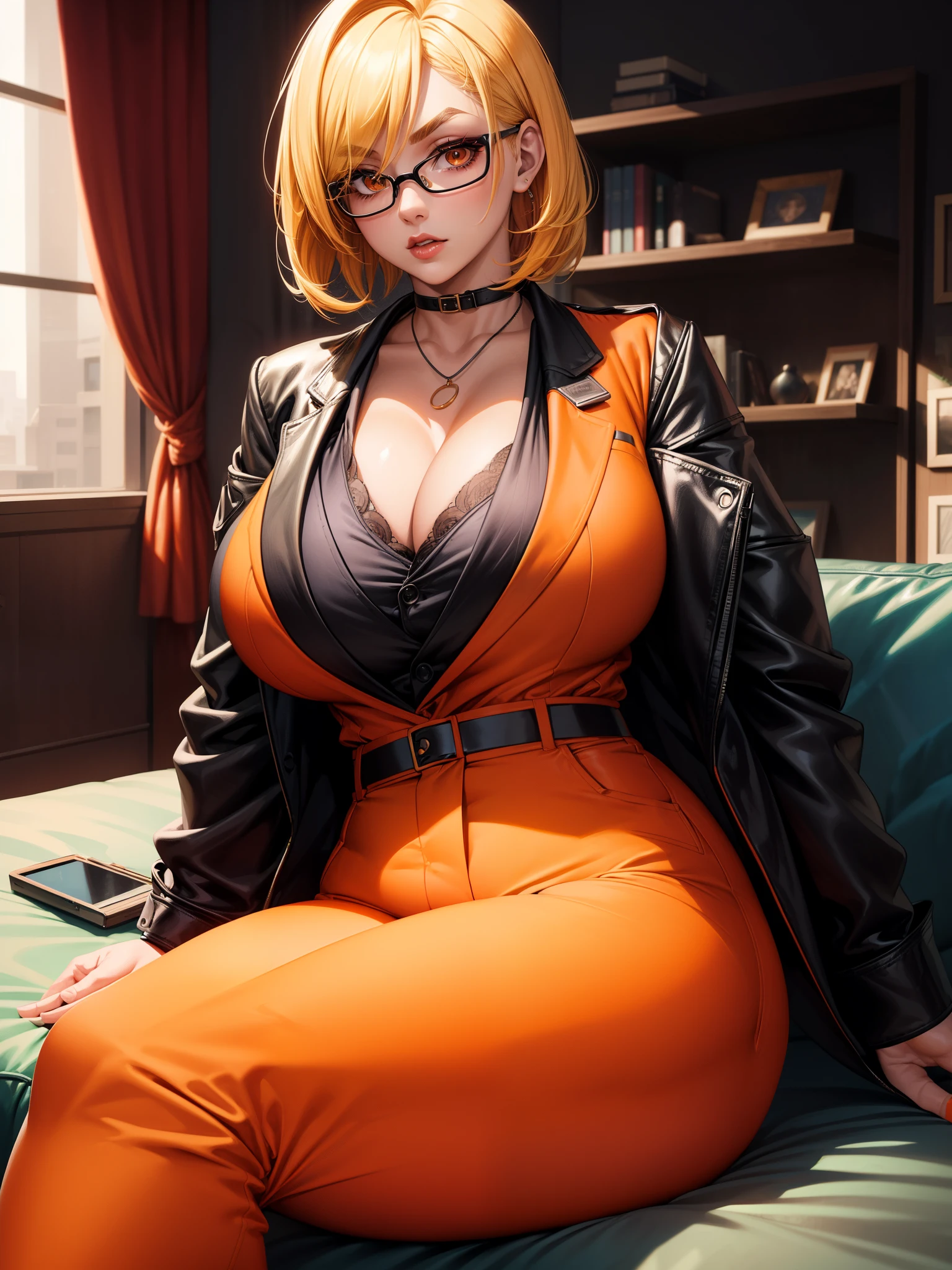 score_9, score_8_up, score_8, score_7_up, Expressiveh, source_anime, realistic, (solo), woman with bright yellow hair and red glasses, french bob hair, sunglasses, orange eyebrows, thick eyebrows, orange eyelashes, orange eyes, red lipstick, (black (trousers:1.5), black pants:1.3, white shirt, black jacket), business suit, sitting, (in luxury room, indoors, on sofa), cleavage, very plump thighs, plump body, huge ass, huge hips, huge breasts, bulging breasts, thick thighs, 4ng3l face, ohwx woman, oiled skin, cinematic lighting, looking at viewer, arm support, on side