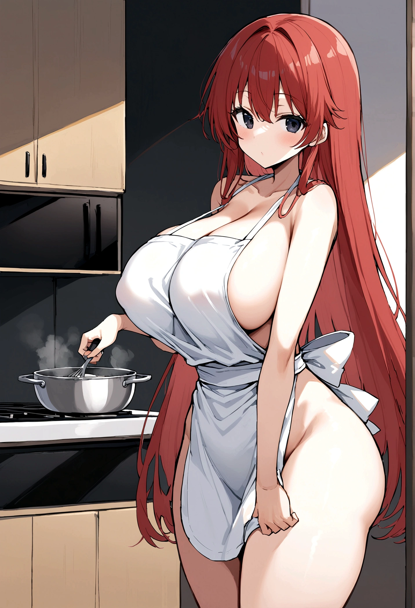 My name is Hikaru, I am a white test woman with long red hair and black eyes. I am 1.60 cm tall and weigh 46 kg. My  sizes are 300 cm, my waist is 60 cm and my hips are 200 cm. Dressed in a cooking apron, without any clothes underneath . With big brm