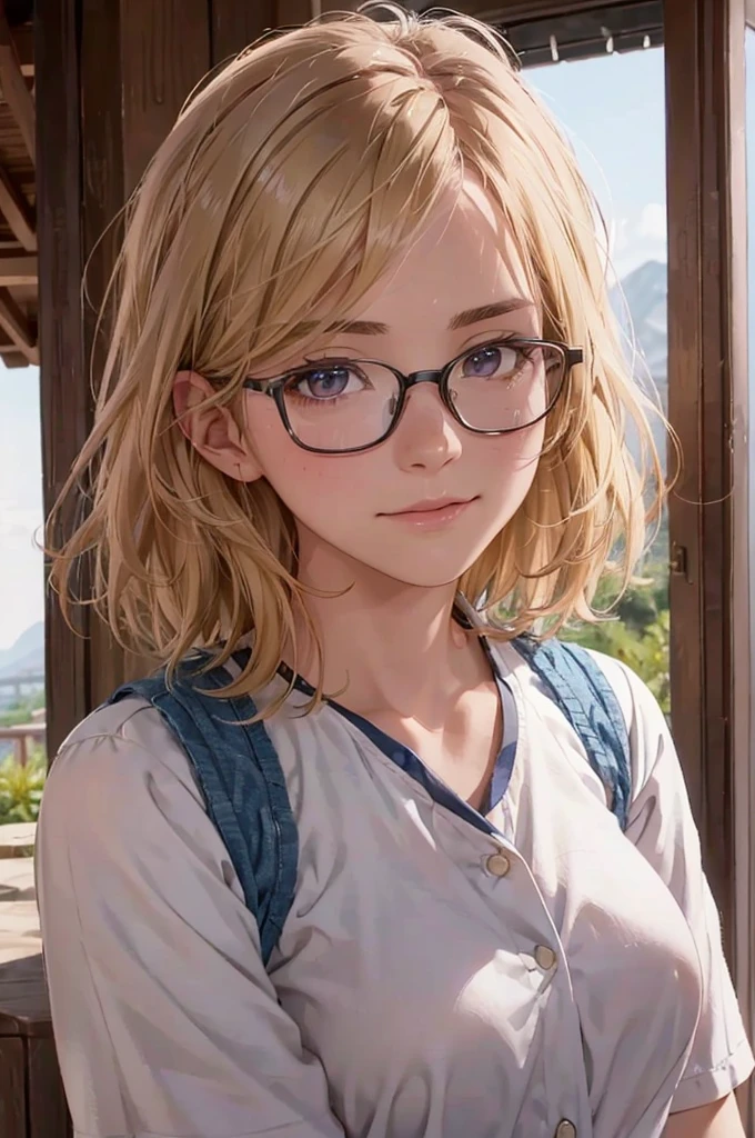 最high quality, high quality, High resolution, high quality texture, high quality shadows, High resolution, Beautiful details, Detailed CG, Detailed Texture, Realistic representation of face, Realistic, colorful, delicate, Cinematic Light, Side light, Lens flare, Ray Tracing, sharp concentrated, (1 Girl,concentrated:1.3), ( Intricate details, compensate, PureErosFaceV1:0.5), (細部まで美しいdelicateな顔, 緻密で美しいdelicateな瞳, Perfect Facial Proportions, Dense skin, Optimal ratio of four fingers to one thumb, Modest chest, Beautiful Hips, Smooth upper abdomen, blue eyes , glasses ,White shirt, Denim pants ,trekking shoes, , Backpack,   ,buzzer, blue sky,adventure journey ,the gaze of true love, lips of temptation, A look full of compassion ,a smile full of love, Acting lovey-dovey, waist up, 35 years old, hiking,house wife,show off nipples under white shirt, air fortress hair, blonde hair,jordan,Petra Ruins
