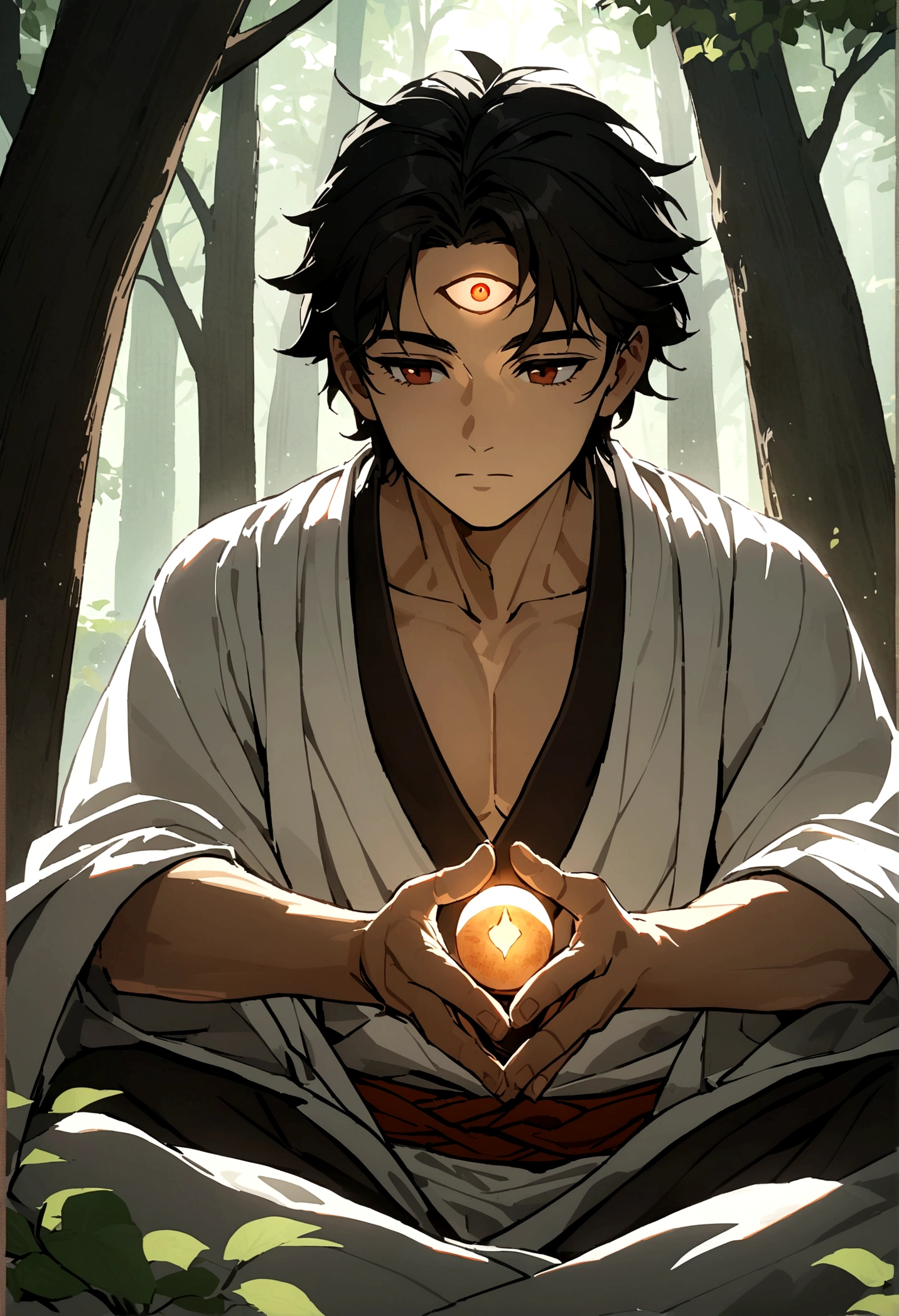 A handsome young man with black hair and amber eyes with a third eye in the middle of his forehead, wearing an old white robe and meditating under a large Bodhi tree.