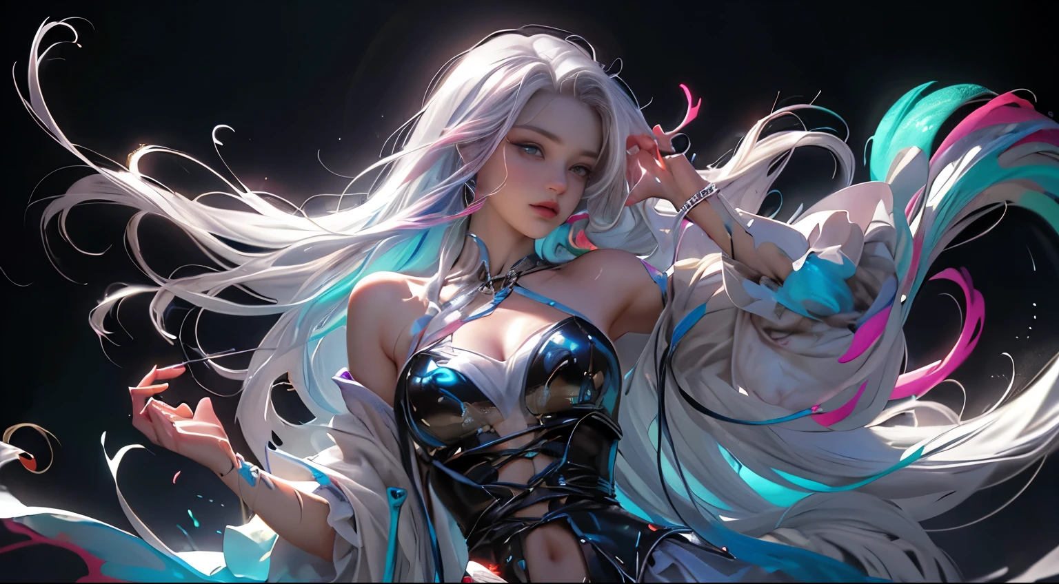 Mujer Arafed ((mexicano))with long rainbow hair and a neon cyberpunk tank top, dos trenzas, retrato, Ella tiene una cara hermosa, webcam images, escote, esconder, sexy look at the camera, Photographed on webcam, 4k, 8k, HD, Oh!, obra maestra , Arte de Jeehyung Lee. perfect composition. .Tu pecho, she is in front of the camera, beautiful Caucasian woman, Antecedentes de Disco Club, RGB, Rave LED Lighting. He is standing showing his voluptuous curves, There was a man with a steampunk hat，Mujer con una pistola., chica steampunk, Llevar atuendo steampunk, Inventor adolescente steampunk, (steampunc), ( steampunc ), en estilo steampunk, steampunc, ficcion steampunk, steampunk aesthetic, Hermosa diosa steampunk, Steampunk hermosa mujer anime, steampunc, steampunk fantasy, steampunk fantasy style, Arte Steampunk, arte digital steampunk, Ropa Steampunk (photorealistic as film)( full body action pose)