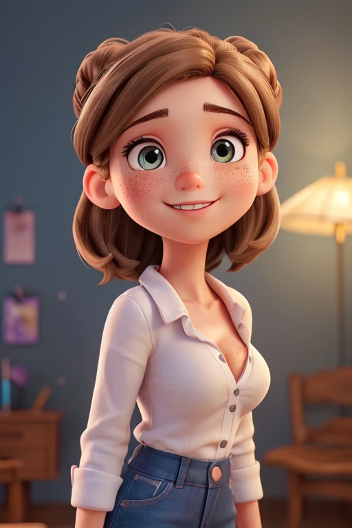 Photo of a 15 year old American girl., .cru, beautfull woman,  Light brown bun hair pixie , pixie haircut , Light brown bun hair((portraite)), ((rosto detailded:1.2)), ((detailed facial features)), (finely detailed skin), pale skin , freckles on cheeks , blue colored eyes , 、A sexy(colorful fresco), humida, humida, Nice piece reflector) (perfect proportions realistic photos)(the best quality) (detailded) photographed with a Canon EOS R5, 50 mm lens, f/2.8, nffsw, (8K) (wall-paper) (cinematic lighting) (dramatic lighting) (sharp focus) (Convoluto) breasts big , breasts big , freckles on cheeks , complete body , beautiful teenage body , Posing sexy for the camera , posing from the front for the camera ,Cute makeup , great smile , Open lips , varied background , black cowboy suit