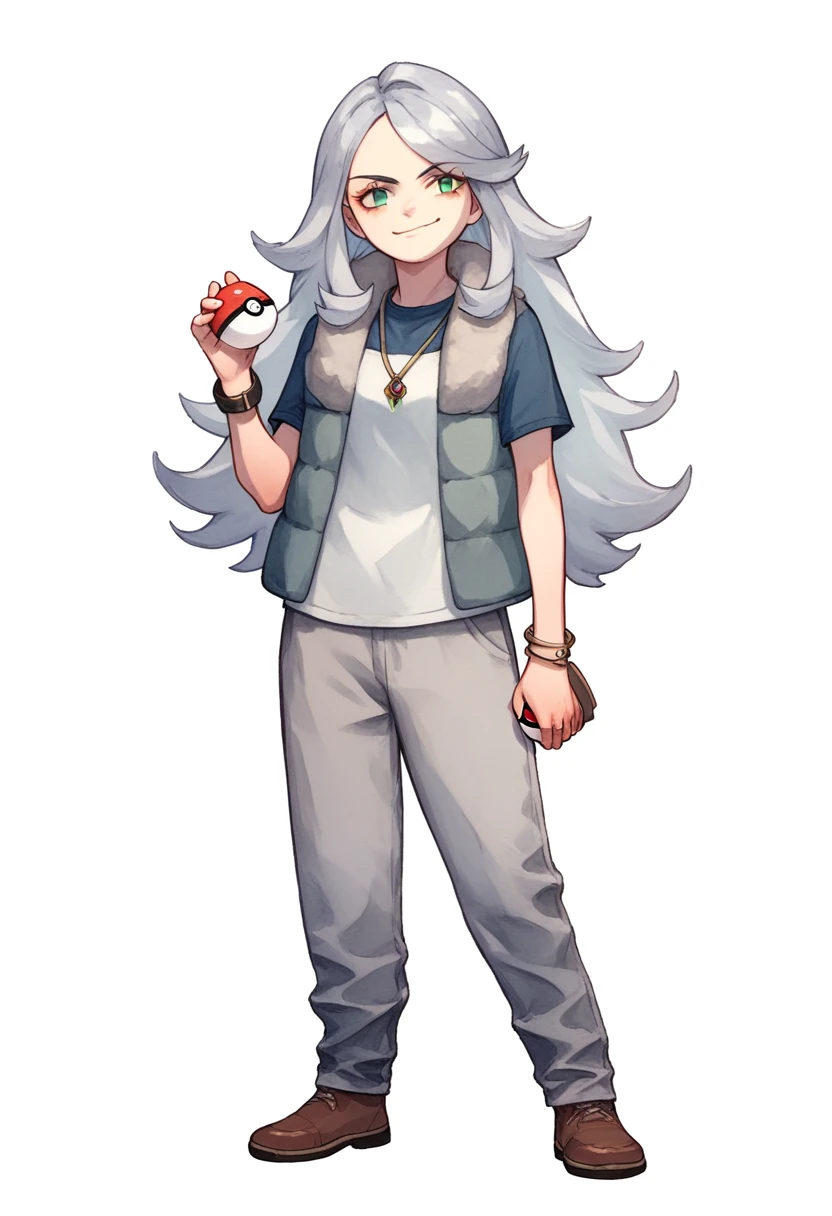 ((((white background)))), simple background, watercolor, 1 girl, standing, long hair, silver hair, light skin, smug green eyes, front view, gray pants, a gray woolen winter vest and a blue t-shirt, wide black pants, bracelets, brown shoe, holding a pokeball, score_9, score_8_up, score_7_up, pendant, score_6_up, score_5_up, score_4_up, BREAK source_anime, masterpiece